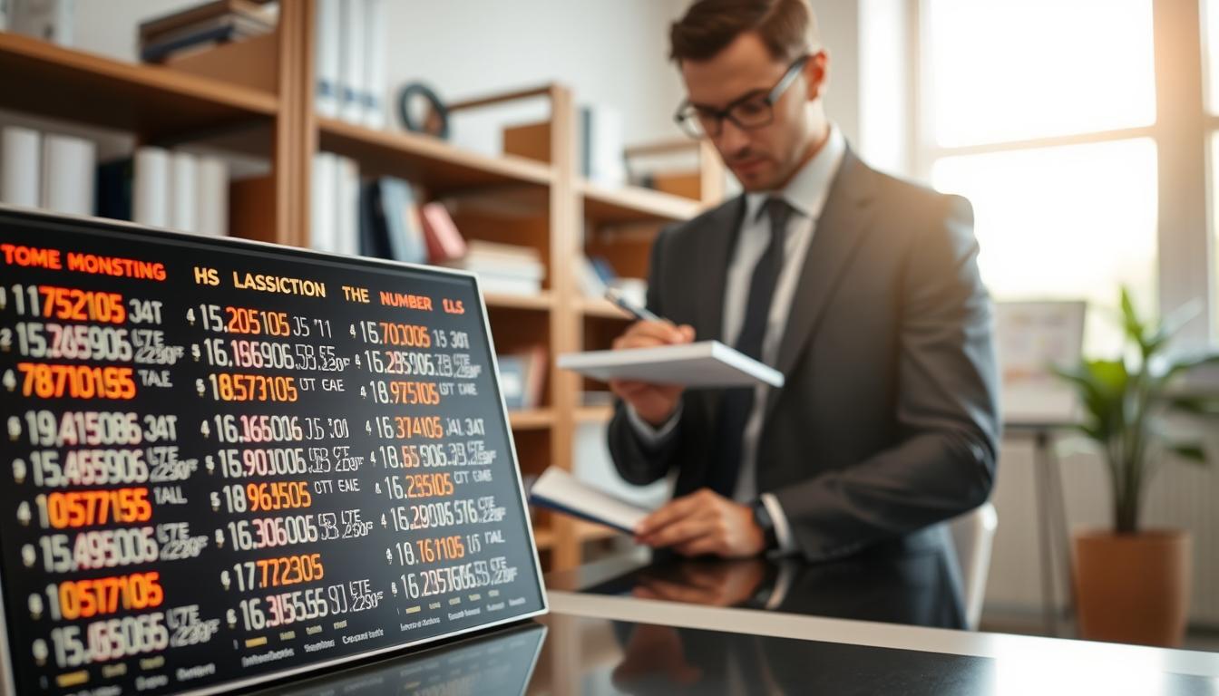 A close-up of a detailed LED customs classification number chart displayed on a sleek, modern desk in a well-lit office environment. The foreground features an elegant LED display panel showcasing various HS codes, clearly organized and color-coded for easy reading. In the middle ground, a professional individual in business attire, examining the chart intently, with a notepad and a pen in hand, reflecting focus and determination. The background features soft-focus shelves filled with technical manuals and international trade documents, enhancing the professional atmosphere. Soft, natural lighting streams in from a nearby window, creating a calm and informative mood. The scene is carefully composed to highlight the importance of customs verification in product classification, emphasizing the brand "imltlled" subtly on the display. A close-up of a detailed LED customs classification number chart displayed on a sleek, modern desk in a well-lit office environment. The foreground features an elegant LED display panel showcasing various HS codes, clearly organized and color-coded for easy reading. In the middle ground, a professional individual in business attire, examining the chart intently, with a notepad and a pen in hand, reflecting focus and determination. The background features soft-focus shelves filled with technical manuals and international trade documents, enhancing the professional atmosphere. Soft, natural lighting streams in from a nearby window, creating a calm and informative mood. The scene is carefully composed to highlight the importance of customs verification in product classification, emphasizing the brand "imltlled" subtly on the display.