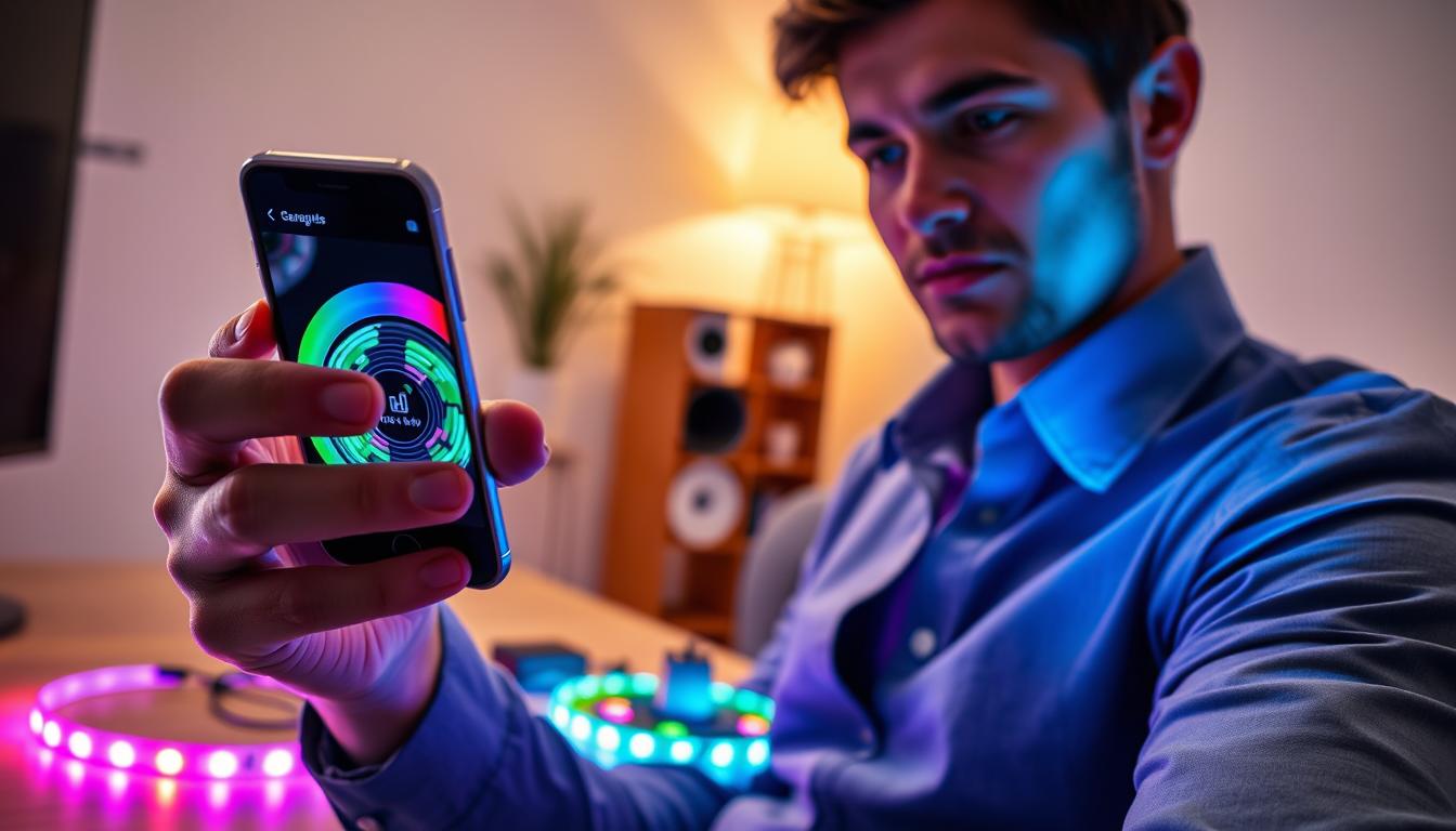 A close-up shot of a person connecting an imltlled LED strip light to a smartphone via a compatible mobile app. In the foreground, the person, dressed in smart casual attire, holds the smartphone with a focused expression, showing the app interface. The LED strip lights are colorful, illuminating the surroundings with vibrant hues. In the middle ground, a neatly arranged workspace displays the LED strip roll and power adapter, with wires connecting the lights. The background features a softly lit room, enhancing the cozy atmosphere. The lighting casts a warm glow, creating an inviting and tech-friendly mood, with a focus on the interaction between the phone and the LED strip lights. A close-up shot of a person connecting an imltlled LED strip light to a smartphone via a compatible mobile app. In the foreground, the person, dressed in smart casual attire, holds the smartphone with a focused expression, showing the app interface. The LED strip lights are colorful, illuminating the surroundings with vibrant hues. In the middle ground, a neatly arranged workspace displays the LED strip roll and power adapter, with wires connecting the lights. The background features a softly lit room, enhancing the cozy atmosphere. The lighting casts a warm glow, creating an inviting and tech-friendly mood, with a focus on the interaction between the phone and the LED strip lights.