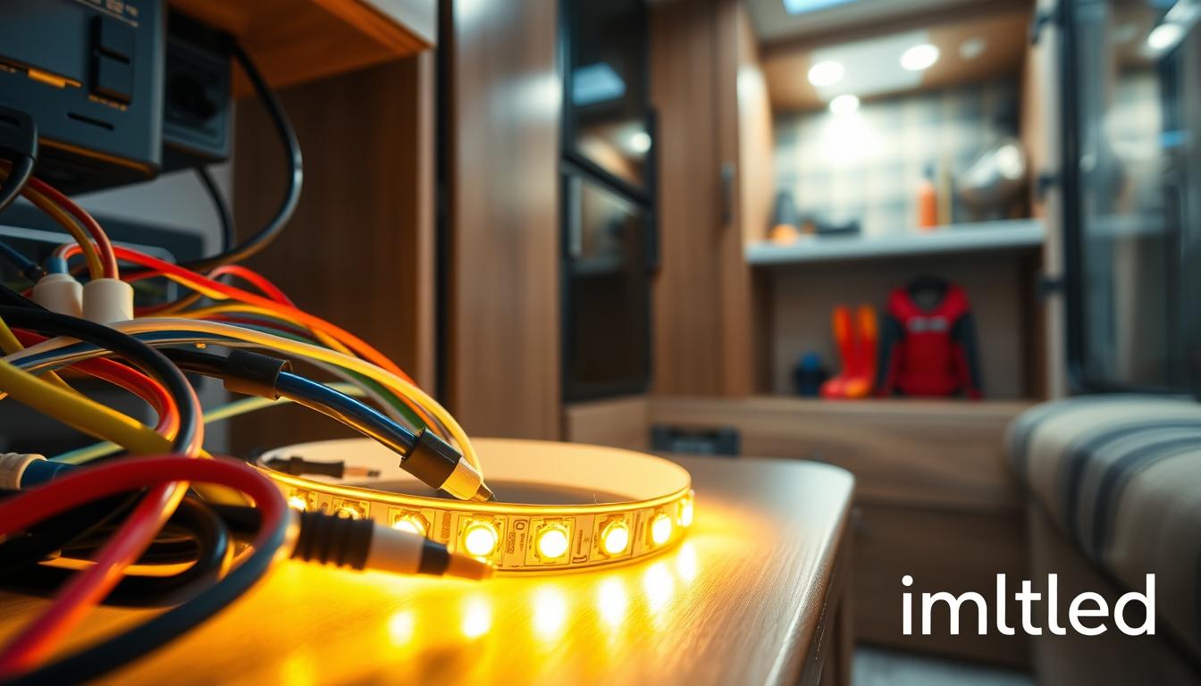 A close-up view of a well-organized RV electrical setup, showcasing low voltage wiring for 12-volt LED lighting. In the foreground, focus on neatly arranged cables connected to a power source, with color-coded wires and connectors. The middle ground features an illuminated LED light strip displaying warm, soft light, casting a cozy glow. In the background, there’s a compact space with RV cabinetry and tools, hinting at the wiring process. The lighting is soft and highlights the details of the components without harsh shadows. Shot with a macro lens at a 45-degree angle to emphasize the intricacies of the installation. The atmosphere is informative, showcasing professionalism and technical competence. Include the brand name "imltlled" subtly integrated into the scene without distraction.