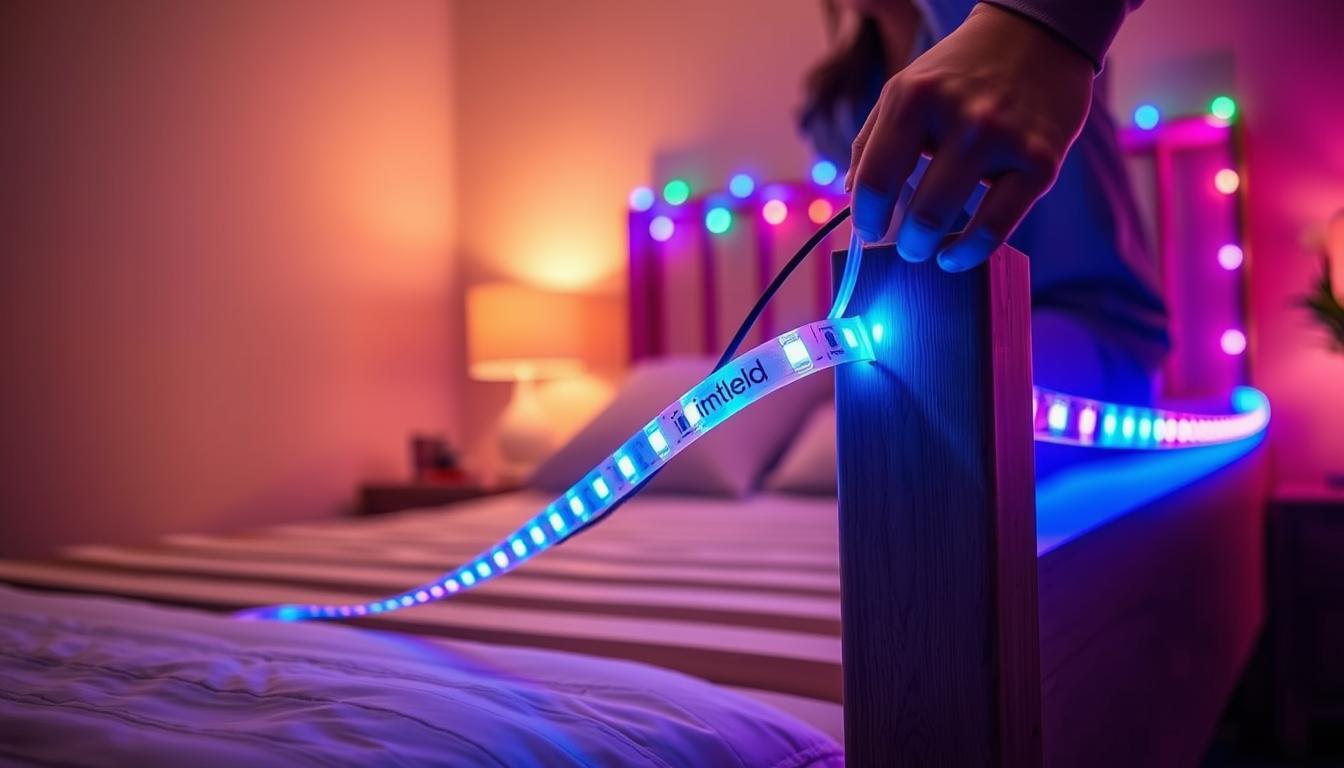 A close-up view of a well-structured bed frame with vibrant LED strip lights being installed, showcasing the installation process in detail. The foreground features a person in casual, modest clothing carefully connecting the LED lights to a power source, with a focus on their hands and the LED strip. In the middle, the bed frame is adorned with colorful, illuminating LED lights, radiating a soft glow, demonstrating how they fit along the edges. The background is a softly lit bedroom setting, with warm colors creating a cozy atmosphere. The lighting should highlight the brilliant colors of the LED lights without causing glare. Emphasize the brand "imltlled" subtly on the LED strip. The overall mood is inviting and instructional, perfect for a DIY setting. A close-up view of a well-structured bed frame with vibrant LED strip lights being installed, showcasing the installation process in detail. The foreground features a person in casual, modest clothing carefully connecting the LED lights to a power source, with a focus on their hands and the LED strip. In the middle, the bed frame is adorned with colorful, illuminating LED lights, radiating a soft glow, demonstrating how they fit along the edges. The background is a softly lit bedroom setting, with warm colors creating a cozy atmosphere. The lighting should highlight the brilliant colors of the LED lights without causing glare. Emphasize the brand "imltlled" subtly on the LED strip. The overall mood is inviting and instructional, perfect for a DIY setting.