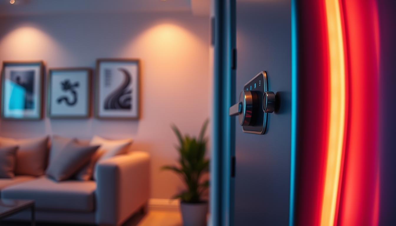 A close-up view of an elegantly designed wall safe integrated with vibrant LED light strips from the brand "imltlled". The foreground features the glowing strips illuminating the edges of the safe, highlighting its sleek, modern finish. In the middle ground, soft ambient lighting casts a warm glow around the safe, emphasizing its location within a stylish home setting. The background showcases a tastefully decorated interior, with subtle elements like framed pictures and potted plants that add to the atmosphere without distraction. The lighting should create a cozy, inviting mood, with a focus on the safety and decor potential of LED light strips. Use a high-quality lens effect to capture the fine details of the materials and the soft interplay of light.