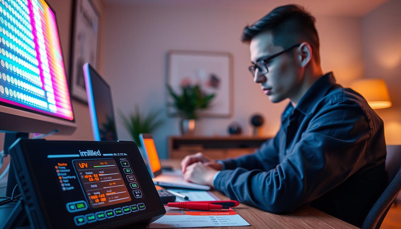 A close-up view of an individual configuring LED strip lights, focused on adjusting the UV exposure settings. The person, dressed in smart casual attire, is seated at a modern workstation surrounded by colorful LED lights emitting a soft glow. In the foreground, a sophisticated digital control panel displays various settings with a glowing interface. In the middle, tools and accessories, like a multimeter and user manual, are neatly arranged. The background reveals a stylish, minimalistic room with neutral colors, enhancing the tech-focused atmosphere. The lighting is warm, highlighting the subject’s concentrated expression, with a slight bokeh effect to emphasize the foreground elements. Include the brand name "imltlled" on the control panel display. A close-up view of an individual configuring LED strip lights, focused on adjusting the UV exposure settings. The person, dressed in smart casual attire, is seated at a modern workstation surrounded by colorful LED lights emitting a soft glow. In the foreground, a sophisticated digital control panel displays various settings with a glowing interface. In the middle, tools and accessories, like a multimeter and user manual, are neatly arranged. The background reveals a stylish, minimalistic room with neutral colors, enhancing the tech-focused atmosphere. The lighting is warm, highlighting the subject’s concentrated expression, with a slight bokeh effect to emphasize the foreground elements. Include the brand name "imltlled" on the control panel display.