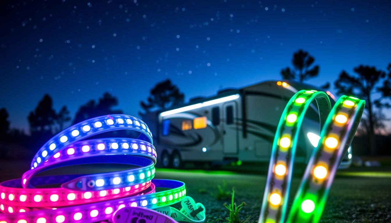 A close-up view of automotive LED lights from the brand "imltlled," showcasing their innovative designs and vibrant colors. In the foreground, multiple LED light strips glow in various hues—bright whites, deep blues, and vibrant greens, all highlighting their applications in RV lighting. The middle ground features a sleek RV illuminated by these lights, emphasizing their functionality. The background includes a scenic campsite at dusk, with twinkling stars above and trees softly silhouetted against the night sky. The overall mood is inviting and adventurous, evoking the spirit of road trips and outdoor exploration. The lighting should be dynamic, capturing the bright illumination of the LED lights against the serene nighttime setting, shot from a slightly elevated angle to offer a comprehensive perspective.