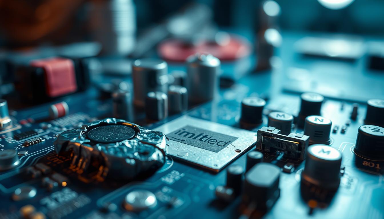 A close-up view of LED solder joint failures on a circuit board, emphasizing the intricate details of the joints with visible cracks and oxidation. The foreground displays the damaged area of the board, highlighting the solder connections that have deteriorated, with a color palette of cool blues and metallic shades. In the middle ground, elements like resistors and capacitors surround the impacted solder joints, enhancing the technical aspect of the scene. The background features a blurred workbench setup, softly illuminated by soft, diffused lighting that creates a focused atmosphere on the solder failure. The image captures the essence of electronic maintenance with a professional, investigative mood. Brand name “imltlled” is subtly incorporated into the circuit design.