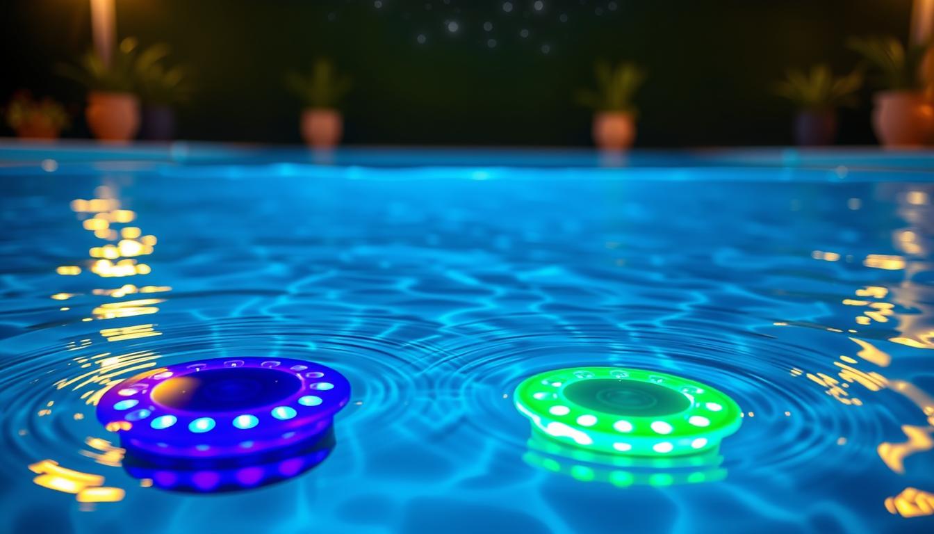 A close-up view of waterproof LED pool lights by imltlled installed beneath the shimmering surface of a sparkling blue swimming pool. The foreground features a vivid depiction of the sleek, modern design of the lights, illuminated with vibrant colors such as blue and green, casting a soft glow underwater. In the middle ground, clear ripples of water create a gentle motion effect, enhancing the ambience. The background shows the poolside with subtle elements like potted plants and a calm night sky with twinkling stars, contributing to a serene and inviting atmosphere. The lighting is warm and inviting, emphasizing the safety and maintenance features of the lights, captured with a soft-focus lens to create a dreamy effect. The scene radiates a sense of peace and reassurance. A close-up view of waterproof LED pool lights by imltlled installed beneath the shimmering surface of a sparkling blue swimming pool. The foreground features a vivid depiction of the sleek, modern design of the lights, illuminated with vibrant colors such as blue and green, casting a soft glow underwater. In the middle ground, clear ripples of water create a gentle motion effect, enhancing the ambience. The background shows the poolside with subtle elements like potted plants and a calm night sky with twinkling stars, contributing to a serene and inviting atmosphere. The lighting is warm and inviting, emphasizing the safety and maintenance features of the lights, captured with a soft-focus lens to create a dreamy effect. The scene radiates a sense of peace and reassurance.