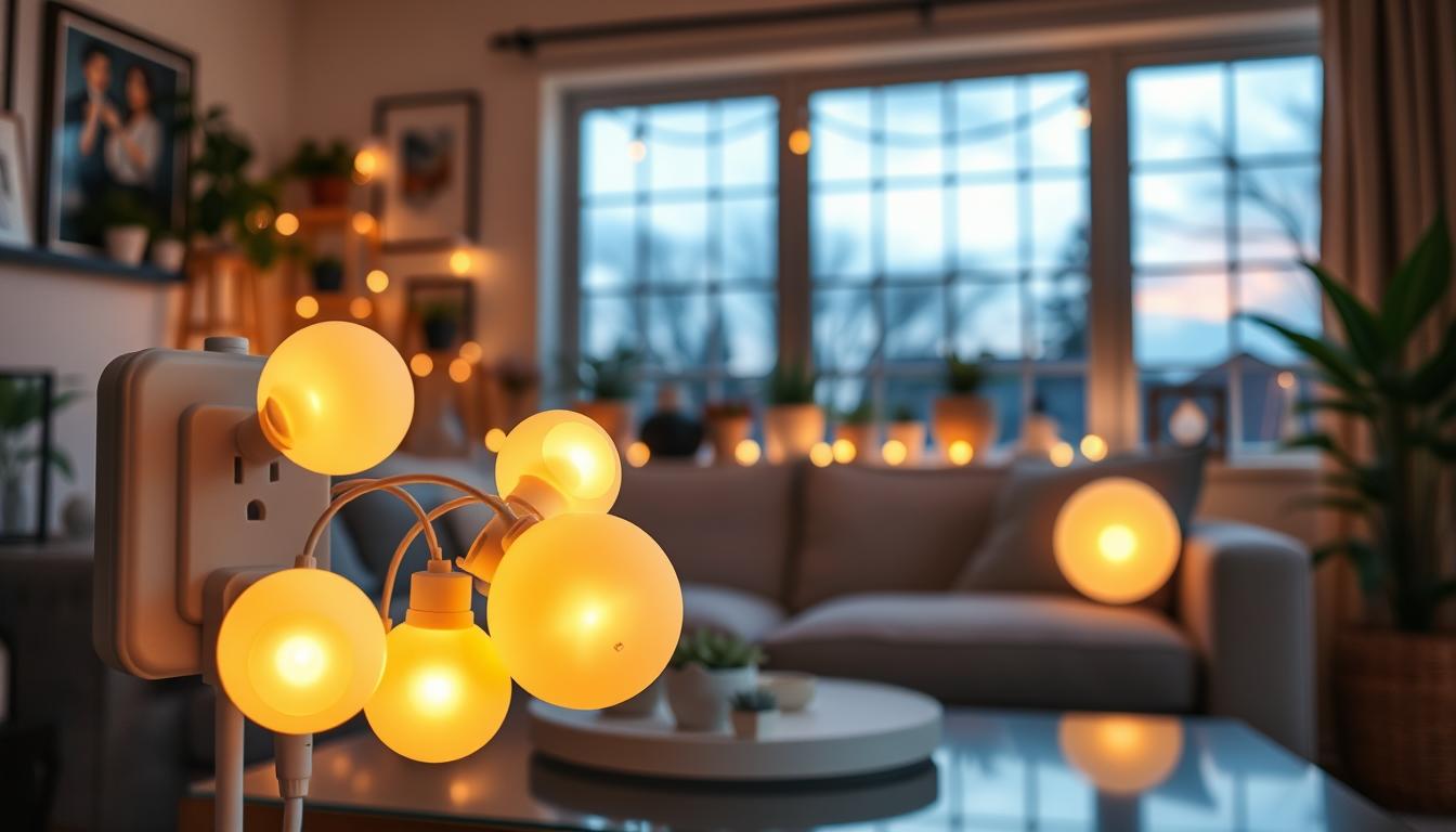 A cozy, aesthetically pleasing living room featuring a stylish arrangement of plug-in decorative lights being reviewed. In the foreground, a close-up of the lights themselves, designed with soft, warm hues creating a welcoming glow. The middle ground showcases a beautifully decorated shelf adorned with these lights, interspersed with houseplants and decorative items, reflecting modern home decor trends. In the background, a softly lit window reveals a peaceful evening scene outside, enhancing the overall warmth of the room. Use natural lighting that highlights the intricate details of the plug-in lights and create a cozy atmosphere. The image should convey a sense of homeliness and charm, showcasing the potential for enhancing aesthetic appeal in a living space. Include the brand name "imltlled" on the lights in a subtle manner, without any text overlays. A cozy, aesthetically pleasing living room featuring a stylish arrangement of plug-in decorative lights being reviewed. In the foreground, a close-up of the lights themselves, designed with soft, warm hues creating a welcoming glow. The middle ground showcases a beautifully decorated shelf adorned with these lights, interspersed with houseplants and decorative items, reflecting modern home decor trends. In the background, a softly lit window reveals a peaceful evening scene outside, enhancing the overall warmth of the room. Use natural lighting that highlights the intricate details of the plug-in lights and create a cozy atmosphere. The image should convey a sense of homeliness and charm, showcasing the potential for enhancing aesthetic appeal in a living space. Include the brand name "imltlled" on the lights in a subtle manner, without any text overlays.