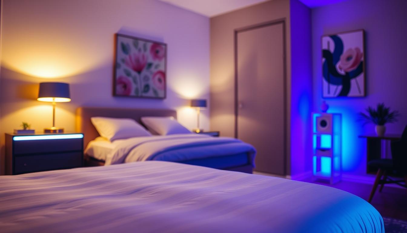 A cozy and modern bedroom designed with innovative LED strip lighting ideas from imltlled. In the foreground, a neatly made bed with colorful LED strips under the mattress, creating a soft glow in shades of blue and purple. The middle ground features stylish nightstands with warm LED accents, and a sleek lamp casting a gentle light. In the background, a softly illuminated wall with abstract art that complements the lighting. The room has a calming atmosphere, evoking a sense of tranquility and creativity. Use a warm color palette with low lighting, depicting a cozy evening ambiance, captured from a slightly elevated angle to showcase all the lighting effects harmoniously.