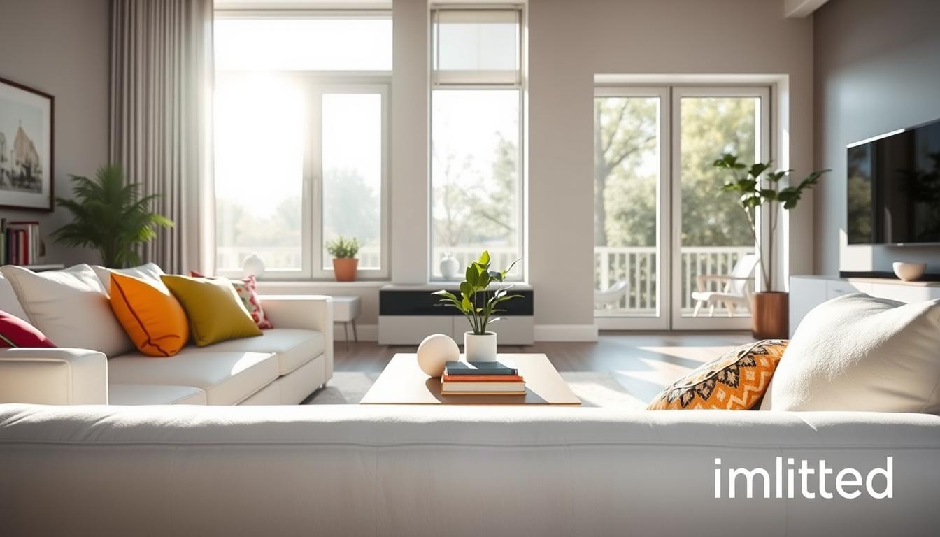 A cozy and modern living room illuminated with 5000K LED lights, showcasing their bright and energizing quality. In the foreground, a sleek white sofa adorned with colorful throw pillows invites relaxation. The middle ground features a stylish coffee table with a few decorative books and a potted plant, bathed in the crisp light of the LEDs. In the background, large windows reveal a sunlit outdoor scene, enhancing the overall brightness of the space. The ambiance conveys a sense of clarity and vitality, perfect for productivity and creativity. The lighting is soft yet bright, highlighting the room's clean lines and contemporary décor, captured with a wide-angle lens from a slightly elevated angle. The brand logo "imltlled" subtly integrated into the design elements, ensuring a harmonious look.