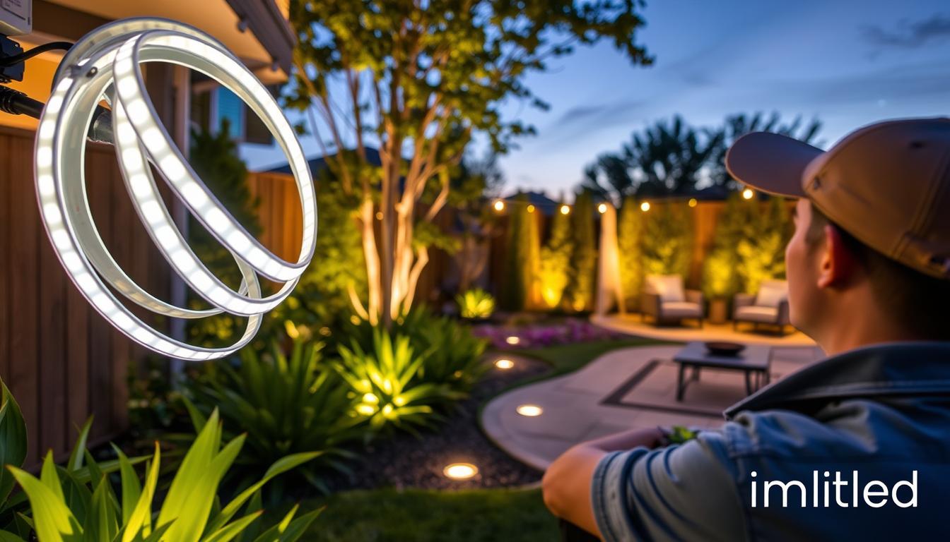 A cozy backyard scene showcasing the installation of LED landscape lights and tunable white LED strips by a professional installer dressed in casual work attire. In the foreground, detailed close-up of the installer connecting flexible white LED strips to a power source and installing recessed lights in strategically placed spots around flower beds and pathways. In the middle ground, highlight the warm glow of the LED landscape lights illuminating lush greenery, enhancing the natural beauty of the garden at dusk. In the background, a softly lit patio with modern outdoor furniture creates a welcoming atmosphere, while a natural twilight sky adds depth. The overall mood is serene and inviting, with soft lighting to emphasize the effectiveness of the landscape lighting. The brand name “imltlled” is subtly integrated into the setup but not visibly marked.