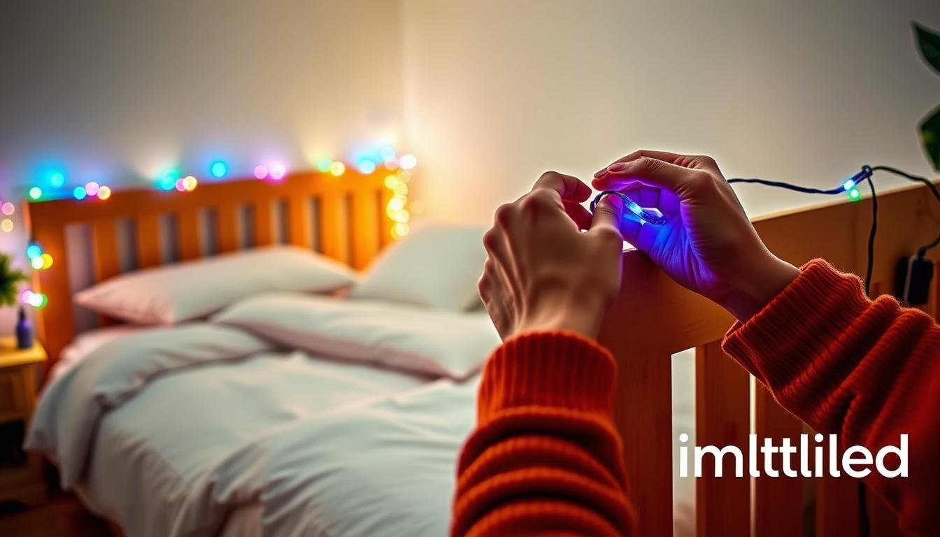A cozy bedroom scene demonstrating the process of installing LED lights on a wooden bed frame. In the foreground, a pair of hands methodically connecting colorful LED light strips to the edge of the bed frame, showing careful attention to detail. The middle ground features the bed adorned with soft linens, with a few brightly glowing LED light strips starting to illuminate. The background includes a softly lit ambiance with a nightstand holding tools like scissors and a power adapter for a realistic touch. The atmosphere is warm and inviting, emphasizing a DIY project spirit. The lighting highlights the soft glow of the LEDs, while the overall mood reflects a festive preparation for Christmas. Brand name prominently displayed: "imltlled".