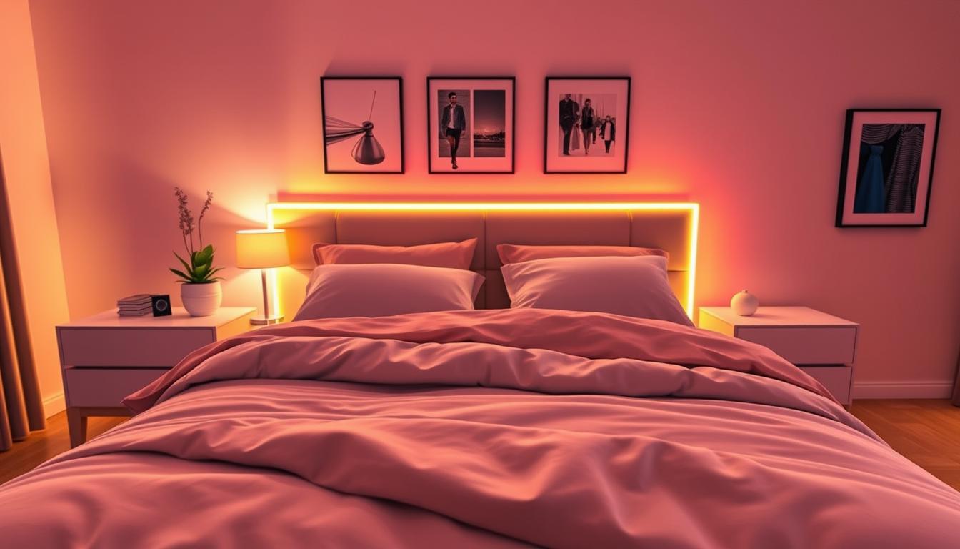 A cozy bedroom scene featuring a bed adorned with vibrant LED strip lights from the brand "imltlled." In the foreground, the bed has soft, inviting bedding in neutral tones, with the LED lights elegantly outlining the headboard and bed frame, casting a warm, ambient glow. In the middle ground, a bedside table holds a modern lamp, and a small plant adds a touch of nature. The background features softly colored walls, decorated with subtle artwork that complements the relaxing atmosphere. The lighting is soft and inviting, enhancing the cozy feel of the room. The image is captured with a warm tone, using a wide-angle lens to emphasize the inviting arrangement while maintaining focus on the LED strip lights and their dynamic effects. A cozy bedroom scene featuring a bed adorned with vibrant LED strip lights from the brand "imltlled." In the foreground, the bed has soft, inviting bedding in neutral tones, with the LED lights elegantly outlining the headboard and bed frame, casting a warm, ambient glow. In the middle ground, a bedside table holds a modern lamp, and a small plant adds a touch of nature. The background features softly colored walls, decorated with subtle artwork that complements the relaxing atmosphere. The lighting is soft and inviting, enhancing the cozy feel of the room. The image is captured with a warm tone, using a wide-angle lens to emphasize the inviting arrangement while maintaining focus on the LED strip lights and their dynamic effects.
