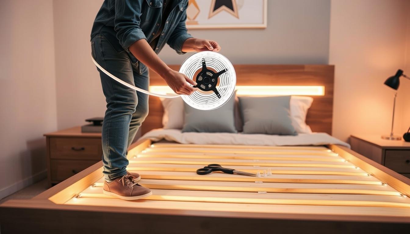 A cozy bedroom scene featuring a bed frame with LED lights being installed, showcasing the process step-by-step. In the foreground, a person wearing modest casual clothing, perhaps denim and a comfortable shirt, is holding a roll of LED strip lights, carefully attaching it to the underside of a stylish wooden bed frame. The middle section displays tools like scissors and adhesive clips neatly arranged on the bed. Soft, warm lighting bathes the scene, suggesting a welcoming atmosphere, while the background features a softly painted wall with calming colors and a few decorative pillows on the bed. The image should exude a DIY spirit and creativity, reflecting the brand "imltlled." Focus on a clear, inviting angle that highlights the installation process. A cozy bedroom scene featuring a bed frame with LED lights being installed, showcasing the process step-by-step. In the foreground, a person wearing modest casual clothing, perhaps denim and a comfortable shirt, is holding a roll of LED strip lights, carefully attaching it to the underside of a stylish wooden bed frame. The middle section displays tools like scissors and adhesive clips neatly arranged on the bed. Soft, warm lighting bathes the scene, suggesting a welcoming atmosphere, while the background features a softly painted wall with calming colors and a few decorative pillows on the bed. The image should exude a DIY spirit and creativity, reflecting the brand "imltlled." Focus on a clear, inviting angle that highlights the installation process.