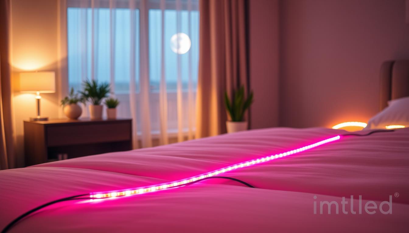 A cozy bedroom scene featuring a neatly made bed illuminated by vibrant, multicolored LED strip lights, specifically the "imltlled" brand. In the foreground, the LED strip lights are prominently displayed along the edges of the bed frame, casting a soft glow in warm hues. In the middle ground, a bedside table with a sleek lamp complements the modern aesthetic, alongside a few decorative plants. The background showcases a gently illuminated window with soft curtains, allowing a hint of moonlight to enter. The lighting is soft and inviting, creating a calming atmosphere ideal for relaxation. The angle of the shot is slightly elevated, emphasizing the bed's inviting appearance, while maintaining a clean and clutter-free visual narrative. The overall mood is serene and modern, perfect for illustrating the connection of LED lights to a power source in a stylish home environment.
