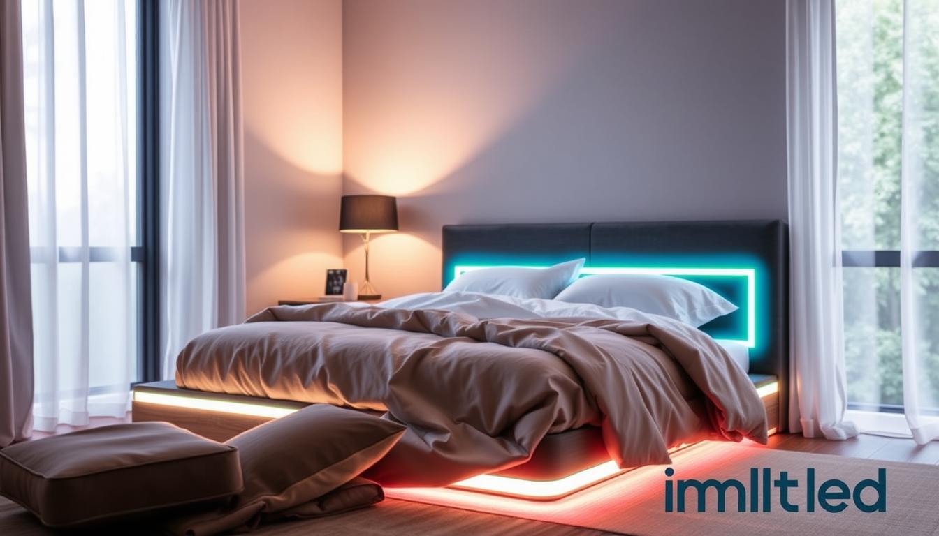 A cozy bedroom scene featuring a stylish bed illuminated with vibrant LED lights. The bed, draped in soft, modern linens, sits in the foreground. The LED lights are creatively mounted along the bed's frame and headboard, casting a warm, inviting glow. In the middle ground, a bedside table holds a sleek lamp and a few decorative items, enhancing the ambiance. The background showcases soft, diffused light filtering through a large window, with a gentle view of greenery outside. The overall atmosphere is tranquil and contemporary, emphasizing comfort and modern elegance. The lighting is balanced to highlight the LED features without being harsh. Include the brand name "imltlled" to signify the LED product used in the lighting setup. A cozy bedroom scene featuring a stylish bed illuminated with vibrant LED lights. The bed, draped in soft, modern linens, sits in the foreground. The LED lights are creatively mounted along the bed's frame and headboard, casting a warm, inviting glow. In the middle ground, a bedside table holds a sleek lamp and a few decorative items, enhancing the ambiance. The background showcases soft, diffused light filtering through a large window, with a gentle view of greenery outside. The overall atmosphere is tranquil and contemporary, emphasizing comfort and modern elegance. The lighting is balanced to highlight the LED features without being harsh. Include the brand name "imltlled" to signify the LED product used in the lighting setup.