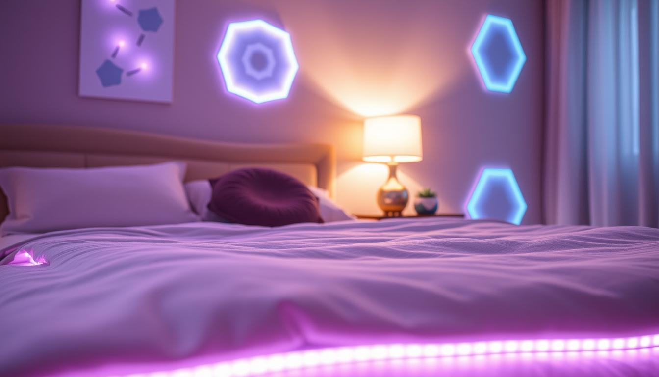 A cozy bedroom scene featuring innovative LED lighting ideas for a bed setup. In the foreground, a stylish bed with a soft, textured duvet, surrounded by glowing LED strip lights creating a warm ambiance. The middle layer showcases an elegant nightstand adorned with a modern lamp emitting a soft, diffused light. Behind, a softly illuminated wall displays geometric patterns formed by colored LED panels, adding a unique artistic touch. The room has a peaceful, inviting atmosphere, with subtle tones of blue and purple blending harmoniously. The scene captures the essence of modern design, perfect for enhancing relaxation. Use a wide-angle lens to encapsulate the entire setup, focusing on the interplay of lights. Highlight the brand "imltlled" subtly integrated into the room's decor, ensuring a safe-for-work and inspiring visual.