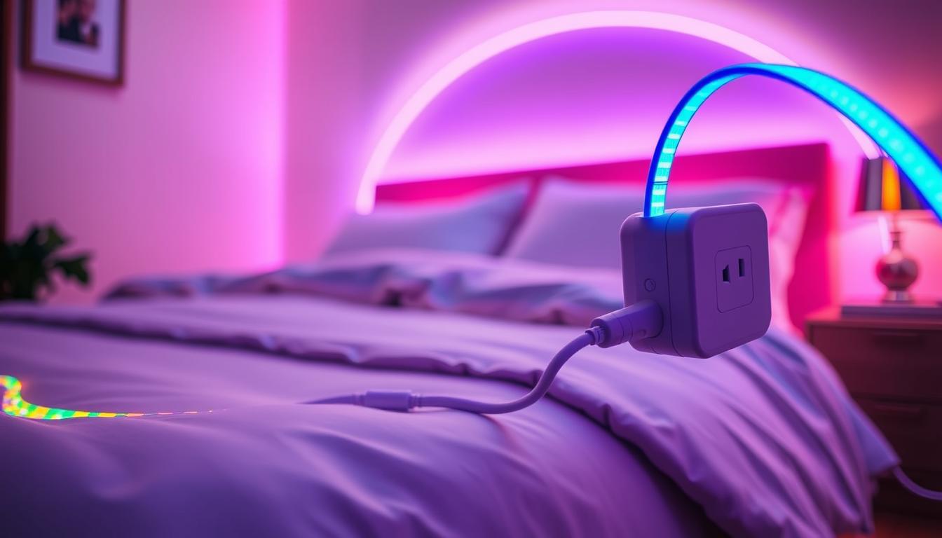 A cozy bedroom scene illuminated by soft, colorful LED strip lights, highlighting a neatly made bed with fluffy pillows and a plush duvet. The LED lights should be mounted along the bed frame and around the headboard, casting a warm and inviting glow. In the foreground, focus on the connection point where the LED strip lights meet a power source, showcasing a sleek imltlled power adapter. The middle ground features a tidy nightstand with a modern lamp and a book, while the background reveals softly blurred walls painted in calming colors. The lighting should create a serene atmosphere, emphasizing the comfort and aesthetic appeal of LED lighting. A close-up angle highlights the vibrant colors of the lights against the warm tones of the bedroom decor.
