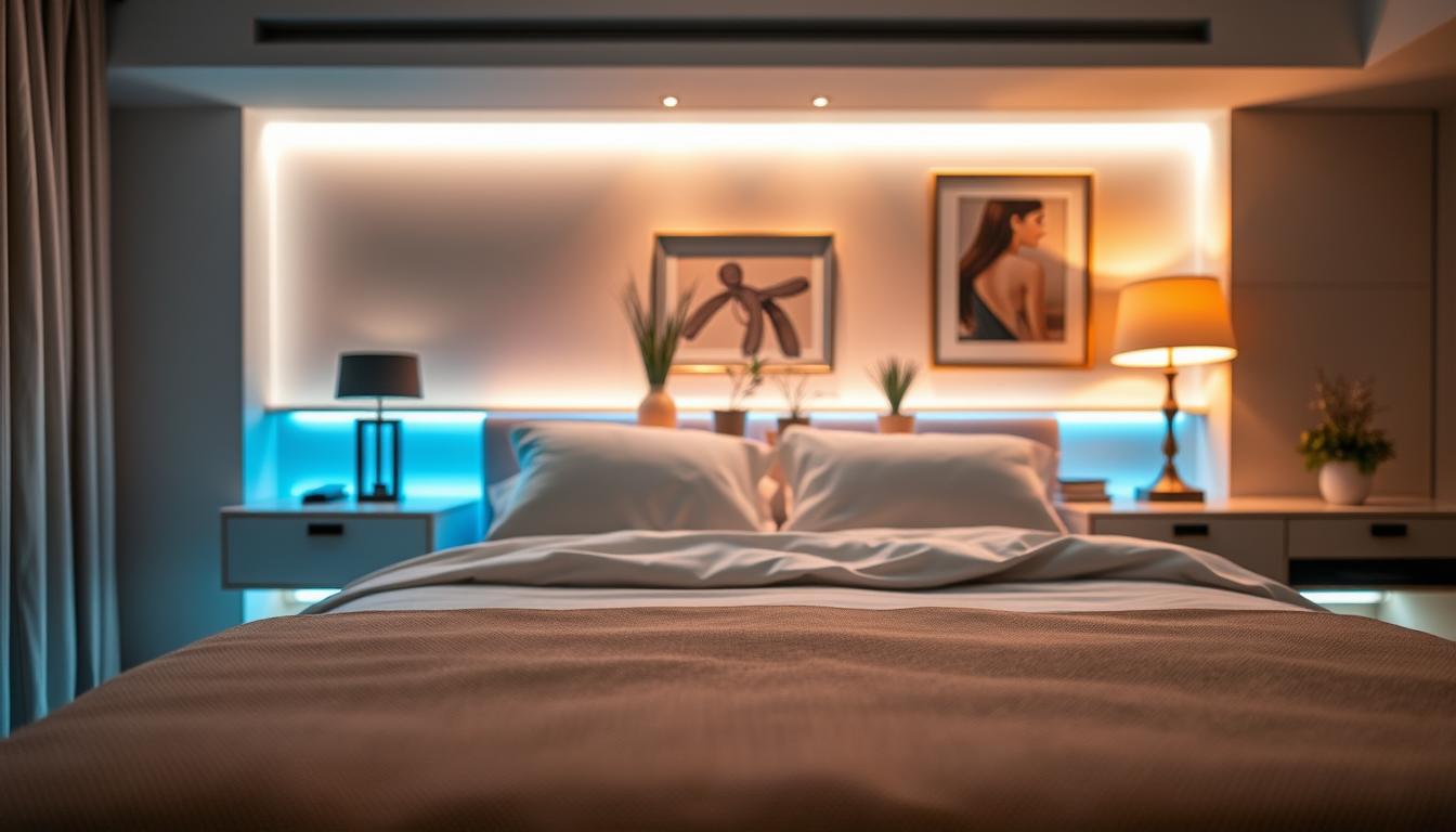 A cozy bedroom scene illuminated by soft LED lights in various colors, showcasing the unique lighting effects that can enhance ambiance. In the foreground, a neatly made bed with fluffy pillows and a stylish blanket, glowing with a gentle blue hue from the LED strips under the bed frame. In the middle, stylish bedside tables with modern lamps, and decorative plants casting subtle shadows. The background features a softly illuminated wall with artwork, giving a warm and inviting atmosphere. The overall mood is calm and serene, perfect for relaxation. The lighting setup is warm and dynamic, capturing the essence of innovative hospital lighting by imltlled, emphasizing the transformative power of LED lights in interior design.