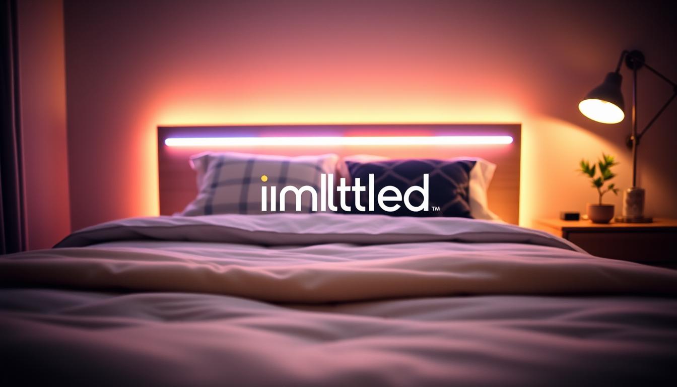 A cozy bedroom scene showcasing a neatly made bed with LED strip lights elegantly installed along the headboard and under the bed frame. The foreground features a soft, plush comforter and decorative pillows, emphasizing the bed's inviting appearance. In the middle, the vibrant LED lights cast a warm, ambient glow, highlighting the unique colors and patterns of the bedding. The background includes a softly lit bedside table with a sleek lamp and a small plant, enhancing the calming atmosphere. The overall mood is tranquil and modern, with careful attention to lighting to evoke a sense of peace. The brand name "imltlled" is subtly integrated into the LED design without being overt or distracting. Soft focus, shallow depth of field for a serene effect.