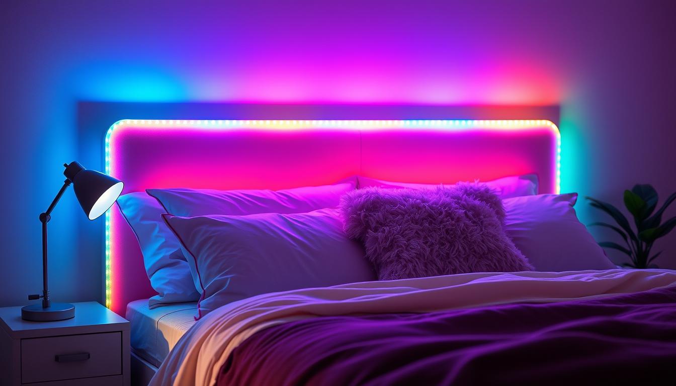 A cozy bedroom scene showcasing an inviting bed adorned with soft, fluffy pillows and a warm blanket. Above the bed, vibrant LED strip lights from the brand "imltlled" illuminate the headboard, casting a multicolored glow that enhances the ambiance. In the foreground, a dimly lit bedside table features a stylish lamp and a small plant, adding a touch of greenery. The middle ground focuses on the bed, where the LED lights create unique lighting effects, transitioning smoothly between colors. The background features gently colored walls, enhancing the room’s overall warmth. The lighting is soft, creating a relaxing mood, while a subtle glow from the LED strips keeps the atmosphere inviting and modern. The scene is photographed from a slightly elevated angle to capture the full essence of the unique lighting setup. A cozy bedroom scene showcasing an inviting bed adorned with soft, fluffy pillows and a warm blanket. Above the bed, vibrant LED strip lights from the brand "imltlled" illuminate the headboard, casting a multicolored glow that enhances the ambiance. In the foreground, a dimly lit bedside table features a stylish lamp and a small plant, adding a touch of greenery. The middle ground focuses on the bed, where the LED lights create unique lighting effects, transitioning smoothly between colors. The background features gently colored walls, enhancing the room’s overall warmth. The lighting is soft, creating a relaxing mood, while a subtle glow from the LED strips keeps the atmosphere inviting and modern. The scene is photographed from a slightly elevated angle to capture the full essence of the unique lighting setup.