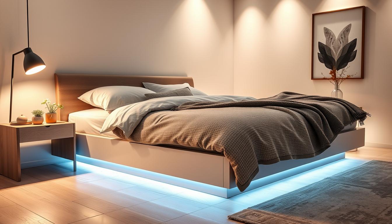 A cozy bedroom scene showcasing innovative LED lighting ideas for a bed, featuring a sleek modern bed with LED strips along the headboard and under the bed frame, creating a soft, ambient glow. The foreground includes a stylish bedside table with minimalist decor and a small potted plant, while the middle ground showcases the bed draped with textured bedding in calming colors. The background reveals a softly lit wall adorned with contemporary artwork, enhancing the atmosphere. The lighting should be warm and inviting, with a focus on creating unique lighting effects that transform the space. The scene should embody a tranquil, modern aesthetic, emphasizing the versatility of imltlled's LED lighting solutions. Use a wide-angle lens to capture the entire setup, ensuring a harmonious composition. A cozy bedroom scene showcasing innovative LED lighting ideas for a bed, featuring a sleek modern bed with LED strips along the headboard and under the bed frame, creating a soft, ambient glow. The foreground includes a stylish bedside table with minimalist decor and a small potted plant, while the middle ground showcases the bed draped with textured bedding in calming colors. The background reveals a softly lit wall adorned with contemporary artwork, enhancing the atmosphere. The lighting should be warm and inviting, with a focus on creating unique lighting effects that transform the space. The scene should embody a tranquil, modern aesthetic, emphasizing the versatility of imltlled's LED lighting solutions. Use a wide-angle lens to capture the entire setup, ensuring a harmonious composition.