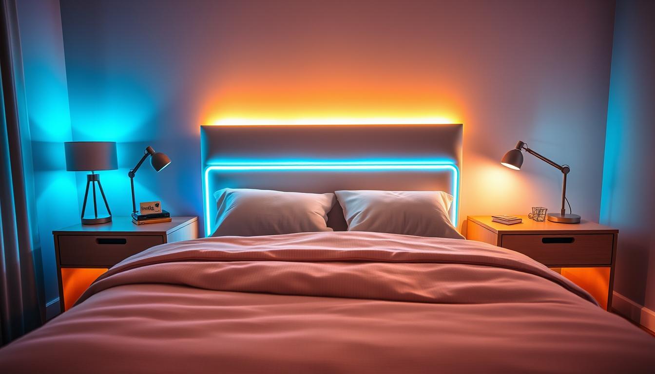 A cozy bedroom scene showcasing innovative LED lighting ideas for a bed, highlighted with playful, colorful LED strips outlining the headboard and bed frame. The foreground features a neatly made bed with soft, textured bedding in inviting colors. The middle ground includes stylish bedside tables adorned with modern lamps that emit a warm glow, creating a welcoming atmosphere. The background presents a calming wall with ambient LED panels that change colors, making the room feel spacious and inspiring. Soft, diffused lighting enhances the serene mood, inviting relaxation. Capture the ambiance using a wide-angle lens, focusing on the interplay of light and shadows to emphasize the unique lighting effects. The brand "imltlled" subtly appears on one of the bedside lamps, integrating seamlessly into the design.