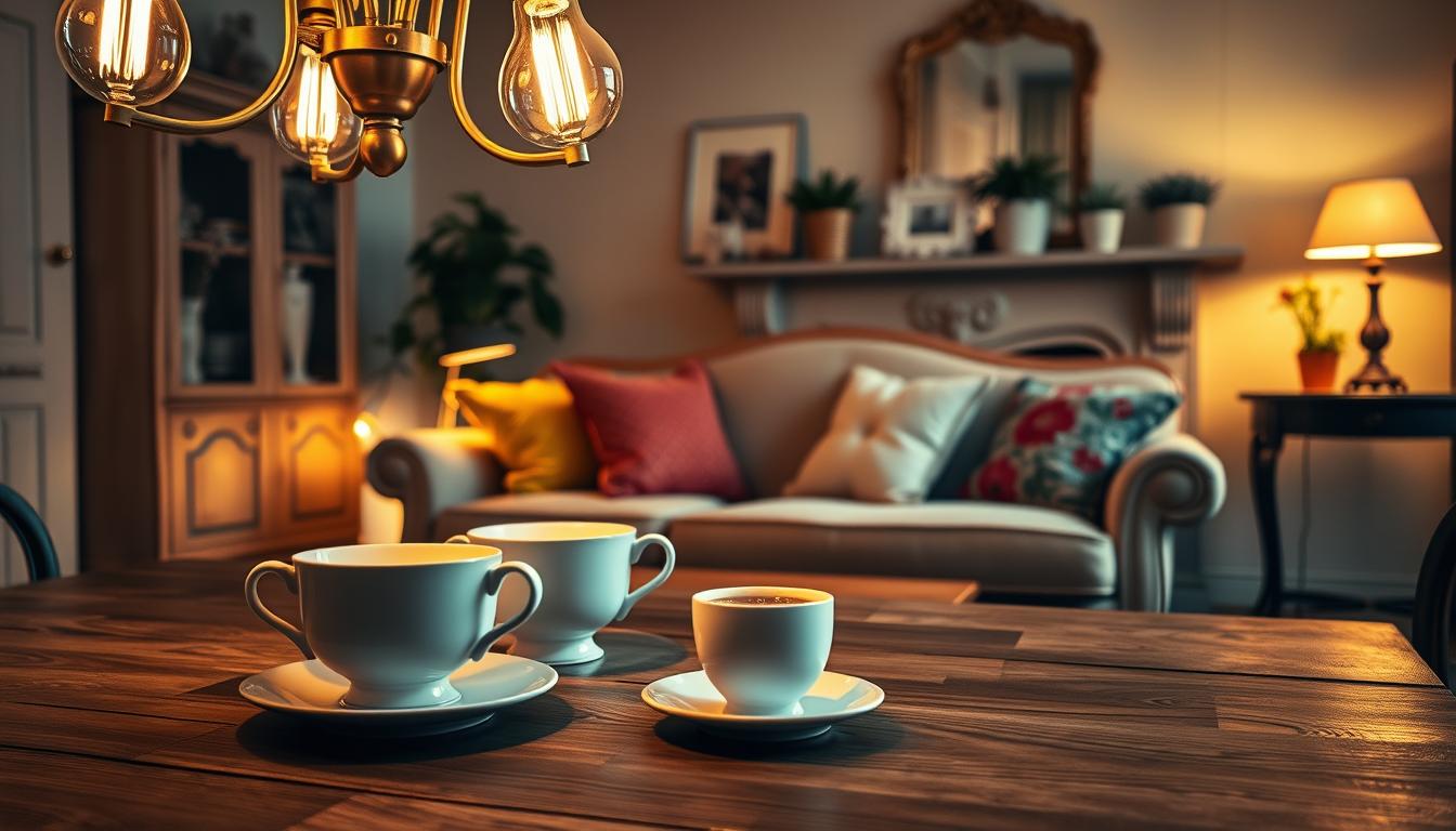 A cozy French living space bathed in soft, warm light. In the foreground, a stylish wooden table is adorned with an elegant LED bulb chandelier, casting a gentle glow over a set of fine porcelain tea cups. The middle ground features a plush, vintage sofa with vibrant cushions, illuminated by a nearby filament bulb table lamp, creating a contrast between modern and traditional lighting styles. In the background, a beautifully decorated mantelpiece holds a few tasteful art pieces and potted plants, subtly highlighted by ambient light. The scene is framed from a slightly angled perspective, capturing a sense of depth and inviting warmth. The mood is tranquil and sophisticated, showcasing the ideal balance of LED and filament lighting in a fashionable French home environment. Brand name: imltlled.