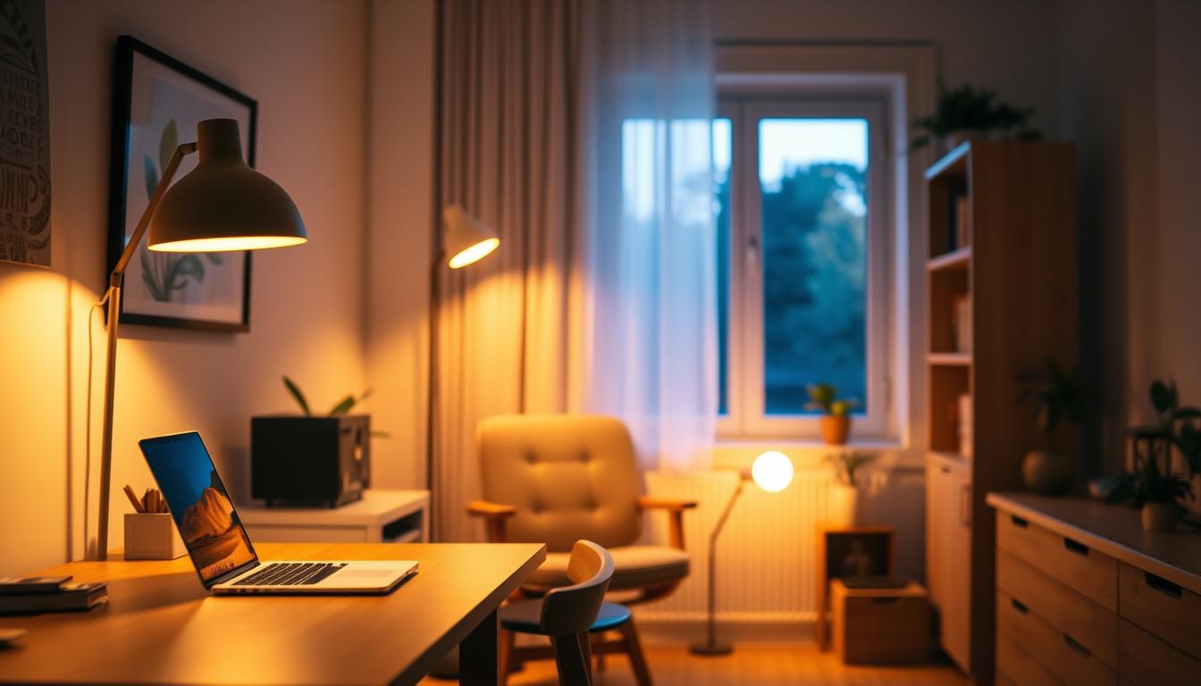 A cozy interior scene showcases the contrast of warm and cool light settings within a modern home office space. In the foreground, a stylish desk with a laptop casts a warm, golden glow from a soft pendant light overhead. A sleek, cool light from a nearby window bathes the room in subtle blue tones, enhancing the natural wood accents of the furniture. In the middle ground, a comfortable office chair is nestled between warm light and cool shadow, highlighting the importance of lighting in workspaces. The background features a bookshelf adorned with plants, softly illuminated by both lighting types. The atmosphere is inviting yet professional, captured with a warm color palette to emphasize the harmony of lighting temperature. Shot with a 35mm lens at a slight angle to create depth, the image embodies the essence of “imltlled” lighting dynamics.