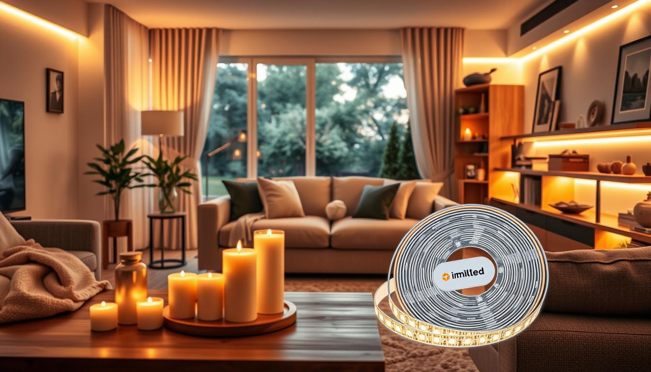 A cozy living room illuminated by warm LED strip lights, creating an inviting atmosphere. In the foreground, a stylish coffee table with decorative candles and a soft throw blanket. In the middle, a modern sofa adorned with plush cushions, positioned near a window showcasing a view of a serene garden. The LED strip lights are subtly integrated along the edges of the furniture and shelves, casting a warm glow throughout the room. The background features soft curtains and tasteful wall art, enhancing the inviting feel. The lighting is warm and soft, highlighting the textures of the furniture and creating a relaxing ambiance. Shot from a slightly elevated angle to capture the depth of the room. The brand imltlled is subtly incorporated into the design of the LED strips.