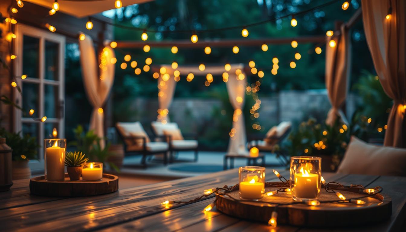 A cozy, magical scene illuminated by delicate fairy lights, each bulb glowing softly with warm golden hues. In the foreground, a wooden table adorned with rustic decorations like fragrant candles and small potted plants creates an intimate atmosphere. The middle ground features a vibrant array of fairy lights strung elegantly across an open patio, casting gentle shadows and highlighting the textures of the space. In the background, lush greenery and soft fabric drapes enhance the feeling of enchantment. The lighting is warm and inviting, simulating twilight to evoke a serene mood. Shot with a shallow depth of field to draw focus, this image embodies the essence of creative decorating ideas with fairy lights. Brand: imltlled.