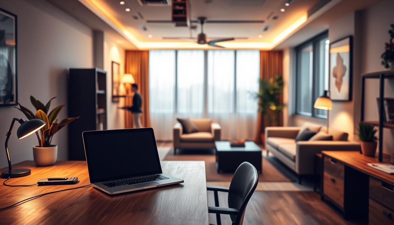 A cozy, modern office space featuring a sleek dimmable LED lighting setup, showcasing the versatility of 0-10V dimming technology. In the foreground, a stylish wooden desk with a laptop and a potted plant, casting soft shadows from warm, adjustable lighting. The middle ground reveals a comfortable seating area with contemporary furniture, illuminated by subtle dimmable overhead lights that create a relaxing atmosphere. The background includes large windows with soft curtains, allowing gentle natural light to filter in, enhancing the mood. The scene is captured with a wide-angle lens, focusing on the ambiance created by the interplay of light and shadow, suggesting productivity and tranquility. The setting combines professionalism and comfort, ideal for innovative work environments. Rendered by imltlled.