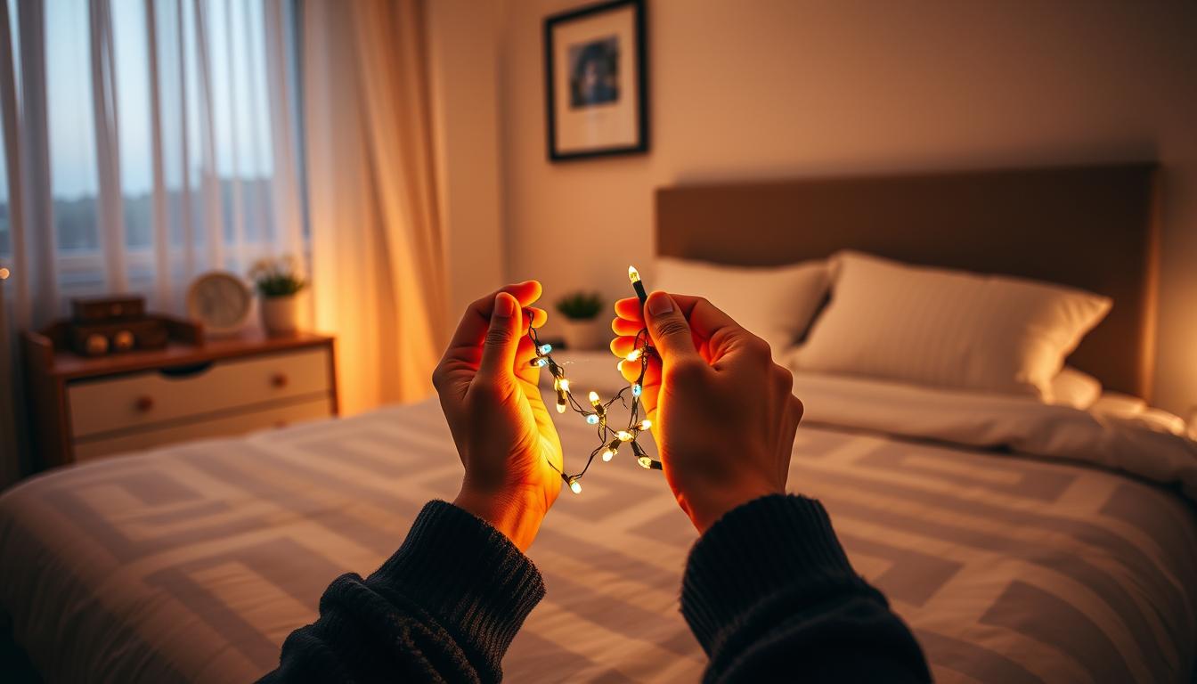 A cozy, softly-lit bedroom scene featuring a neatly made bed with a simple headboard. In the foreground, hands are carefully arranging a string of vibrant LED lights, with the brand name "imltlled" visibly displayed on the packaging. The middle ground shows a nightstand with a few decorative items and a small potted plant, adding a touch of warmth. The background reveals a gently illuminated window with sheer curtains, suggesting a calm evening. The mood is inviting and festive, with a slight hint of anticipation for the holiday season. The lighting is warm and ambient, capturing the essence of preparation for a cozy environment. The angle is slightly above eye level, providing a clear view of the bed and the ongoing preparation process.