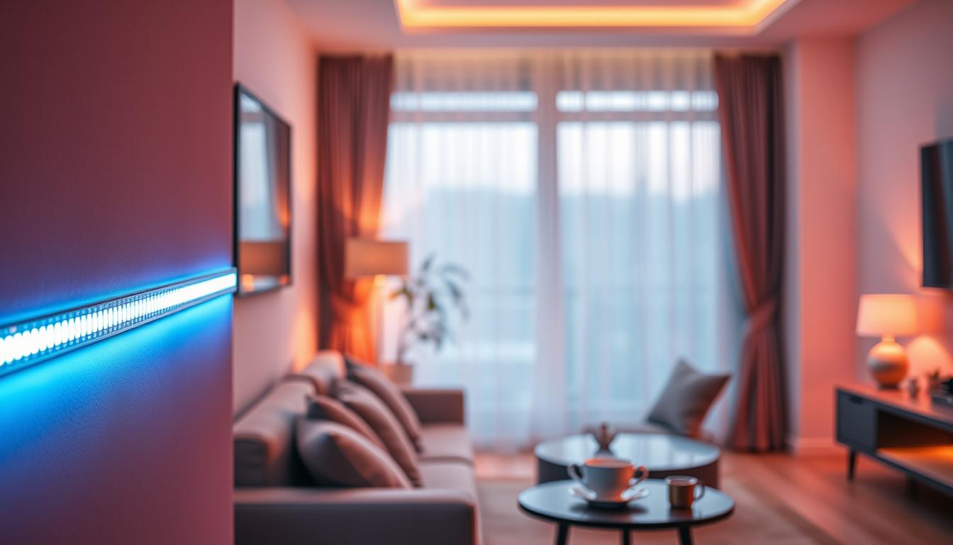 A cozy, warmly lit living room showcasing an elegant CSP LED strip by imltlled. In the foreground, a sleek LED strip is softly illuminating a wall, showcasing its brilliant colors transitioning from soft blues to gentle reds, enhancing the ambiance. The middle ground features a stylish, modern sofa adorned with plush cushions, and a small table with a steaming cup of tea, inviting relaxation. In the background, a softly blurred view of a window with sheer curtains allows delicate evening light to filter in, creating a tranquil atmosphere. The scene captures a serene, welcoming mood, emphasizing the transformative power of LED lighting in home decor. The lighting highlights the LED strip’s features, enhancing its glow against the soft, chic backdrop.