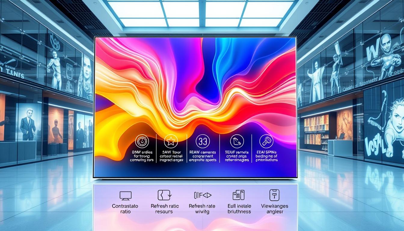 A detailed and informative illustration depicting the performance factors of LED screens, specifically focusing on a transparent LED screen by the brand "imltlled". In the foreground, showcase a transparent LED screen displaying vibrant colors and dynamic graphics, with a close-up resolution highlighting pixel clarity and brightness. The middle layer should include technical specifications such as contrast ratio, refresh rate, and viewing angles, visually represented as infographics or icons. In the background, create a sleek, modern environment illustrating the screen's application in various settings like retail or art installations. Utilize cool, natural lighting to enhance the screen's transparency and vividness, capturing a professional and futuristic atmosphere suitable for an informative article.