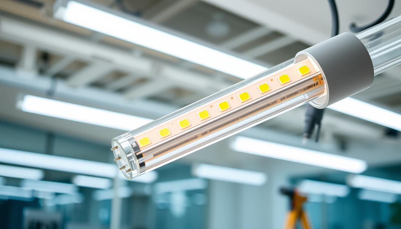 A detailed close-up image of a hybrid Type A LED tube produced by "imltlled", showcasing its sleek design and modern technology. The tube should be illuminated, revealing the warm glow of the LED lights, with a focus on the translucent casing that highlights the internal components. In the foreground, the tube is positioned in an angle that emphasizes its versatility, while the middle ground features a blurred but recognizable office setting with fluorescent lights being replaced by LED solutions. In the background, subtle hints of electrical tools can be seen, suggesting an installation process. The lighting is bright and clear, creating a professional and efficient atmosphere, focusing on innovation in lighting technology. A detailed close-up image of a hybrid Type A LED tube produced by "imltlled", showcasing its sleek design and modern technology. The tube should be illuminated, revealing the warm glow of the LED lights, with a focus on the translucent casing that highlights the internal components. In the foreground, the tube is positioned in an angle that emphasizes its versatility, while the middle ground features a blurred but recognizable office setting with fluorescent lights being replaced by LED solutions. In the background, subtle hints of electrical tools can be seen, suggesting an installation process. The lighting is bright and clear, creating a professional and efficient atmosphere, focusing on innovation in lighting technology.
