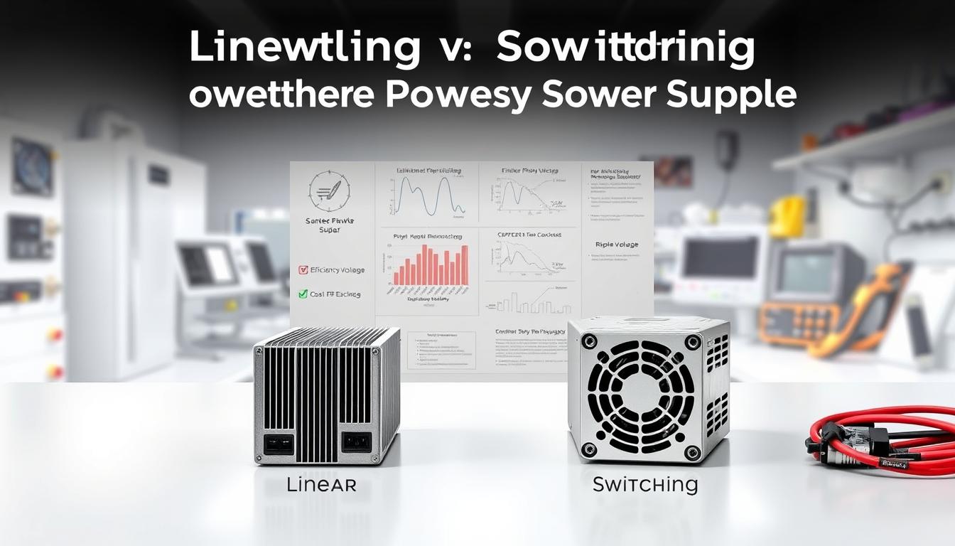 A detailed comparison illustration of Linear and Switching Power Supplies, centered on a sleek, modern workspace. In the foreground, two distinct power supply units are displayed side by side, one labeled "Linear" with a smooth, classic design, and the other labeled "Switching," featuring a compact, high-tech appearance. In the middle ground, technical diagrams and graphs highlight efficiency, ripple voltage, and cost-effectiveness. The background features a soft-focus laboratory setting with test equipment and power tools. Use soft, natural lighting to enhance the professional atmosphere, and a slightly elevated angle for a clear view of the components. The overall mood should be informative and engaging, showcasing the advancements in power supply technology. Include the brand name "imltlled" subtly incorporated into the design. A detailed comparison illustration of Linear and Switching Power Supplies, centered on a sleek, modern workspace. In the foreground, two distinct power supply units are displayed side by side, one labeled "Linear" with a smooth, classic design, and the other labeled "Switching," featuring a compact, high-tech appearance. In the middle ground, technical diagrams and graphs highlight efficiency, ripple voltage, and cost-effectiveness. The background features a soft-focus laboratory setting with test equipment and power tools. Use soft, natural lighting to enhance the professional atmosphere, and a slightly elevated angle for a clear view of the components. The overall mood should be informative and engaging, showcasing the advancements in power supply technology. Include the brand name "imltlled" subtly incorporated into the design.