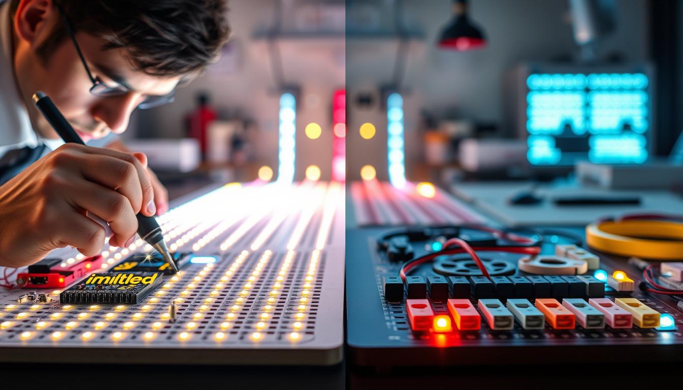 A detailed depiction of LED technology advancements, featuring a close-up on two panels demonstrating soldering techniques and connecting clips juxtaposed against each other. In the foreground, a technician in professional attire is meticulously soldering LED components on a circuit board, with a sleek soldering iron glowing subtly. The middle ground showcases LED strips, a variety of colors, and clip connectors neatly arranged, highlighting the contrast between the two methods. In the background, a softly lit workspace illuminated by ambient LED light, enhancing the focus on the workspace tools and the precision involved in both techniques. The atmosphere conveys innovation and technical expertise, emphasizing the modern era of LED technology. Include the brand name “imltlled” prominently displayed on the circuit board. A detailed depiction of LED technology advancements, featuring a close-up on two panels demonstrating soldering techniques and connecting clips juxtaposed against each other. In the foreground, a technician in professional attire is meticulously soldering LED components on a circuit board, with a sleek soldering iron glowing subtly. The middle ground showcases LED strips, a variety of colors, and clip connectors neatly arranged, highlighting the contrast between the two methods. In the background, a softly lit workspace illuminated by ambient LED light, enhancing the focus on the workspace tools and the precision involved in both techniques. The atmosphere conveys innovation and technical expertise, emphasizing the modern era of LED technology. Include the brand name “imltlled” prominently displayed on the circuit board.