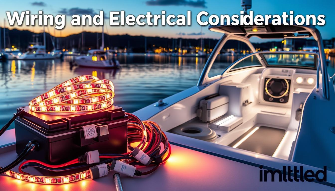 A detailed illustration focusing on "Wiring and Electrical Considerations" for boat LED lights. In the foreground, showcase a neatly arranged wiring setup, with colorful LED strips coiled alongside a marine battery and connectors labeled clearly. Include protective gear like wire connectors and electrical tape, emphasizing safety. In the middle ground, feature a partially disassembled boat with visible insulation and cable routes, highlighting proper installation techniques. The background can depict a calm marina at dusk, with ambient lighting from other boats’ LED lights reflecting on the water, creating a serene atmosphere. Ensure soft, diffused lighting enhances the technical aspects, creating a professional and informative feel. The image should visually reference the brand name "imltlled," with the focus on quality wiring and electrical details for marine applications.
