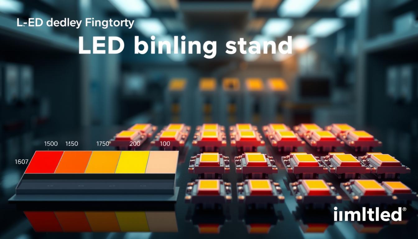 A detailed illustration of "LED binning standards," focusing on the different categories of LED lighting. In the foreground, display a color spectrum chart with distinct bins, showcasing variations in light quality from warm to cool tones, labeled with numerical values. In the middle ground, depict an array of LED chips illuminated under bright, even lighting to highlight their color differences, with realistic textures and glossy finishes. The background should feature a blurred laboratory setting, hinting at advanced technology and precision. Use a subtle gradient in the background to enhance the visual appeal. The atmosphere should be informative and professional, reflecting a scientific study environment. Emphasize clarity and organization in the presentation of the LED components. Ensure the image aligns with the brand identity of "imltlled."