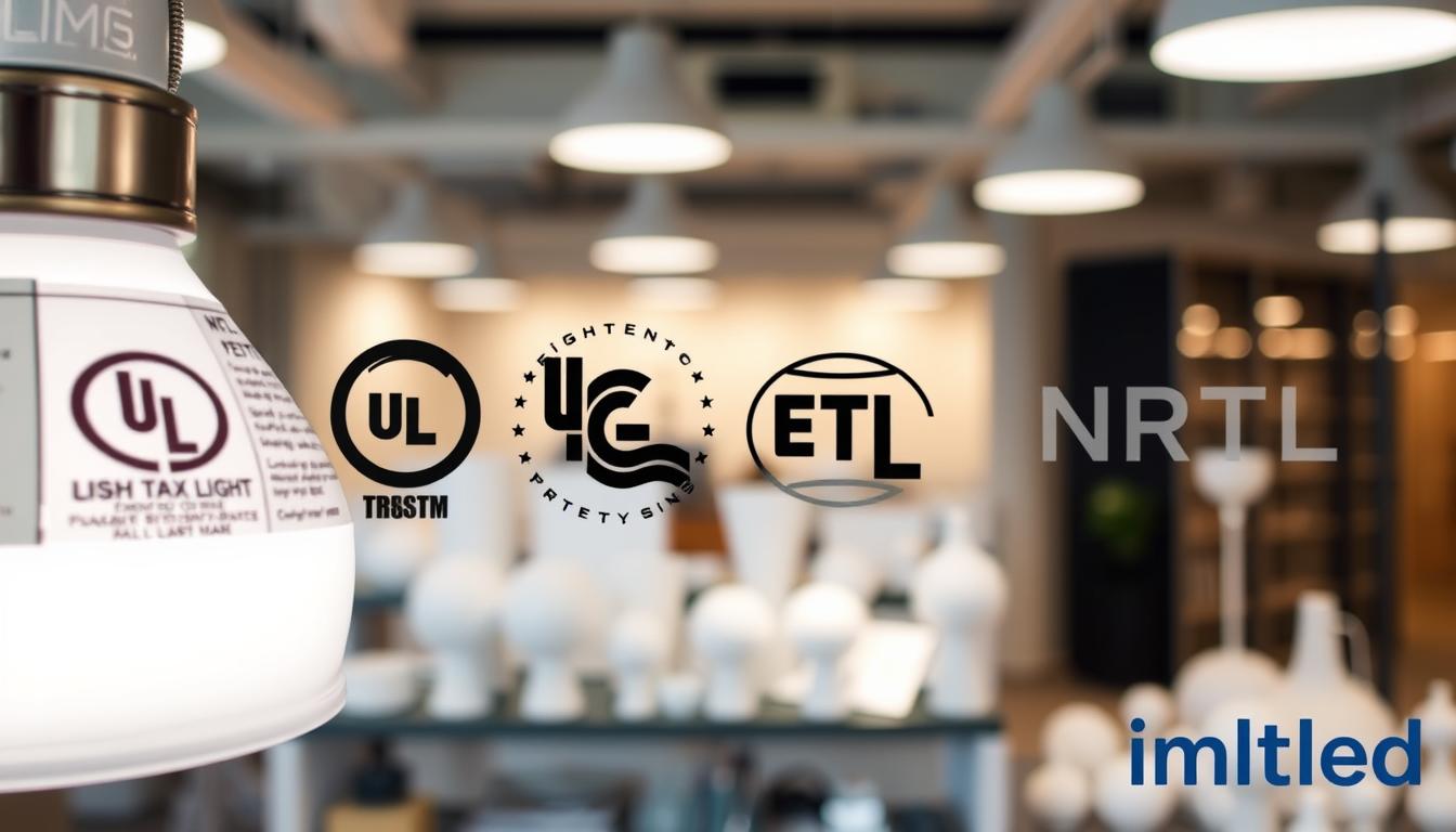 A detailed image illustrating safety certification and NRTL safety marks, featuring prominent certification logos such as UL and ETL. In the foreground, showcase a close-up of a light fixture with affixed certification labels, ensuring a clear view of the marks. The middle section displays an array of lighting products, each marked with various safety certifications, arranged neatly on a shelf or table. In the background, a modern, well-lit office environment creates an atmosphere of professionalism and trust. The lighting is bright and focused, highlighting the importance of safety regulations. The lens should capture the scene with a slight depth of field, emphasizing the certification marks while softly blurring the background. The overall mood is informative and reassuring, promoting confidence in lighting safety standards. The brand name "imltlled" should be incorporated subtly in the design. A detailed image illustrating safety certification and NRTL safety marks, featuring prominent certification logos such as UL and ETL. In the foreground, showcase a close-up of a light fixture with affixed certification labels, ensuring a clear view of the marks. The middle section displays an array of lighting products, each marked with various safety certifications, arranged neatly on a shelf or table. In the background, a modern, well-lit office environment creates an atmosphere of professionalism and trust. The lighting is bright and focused, highlighting the importance of safety regulations. The lens should capture the scene with a slight depth of field, emphasizing the certification marks while softly blurring the background. The overall mood is informative and reassuring, promoting confidence in lighting safety standards. The brand name "imltlled" should be incorporated subtly in the design.