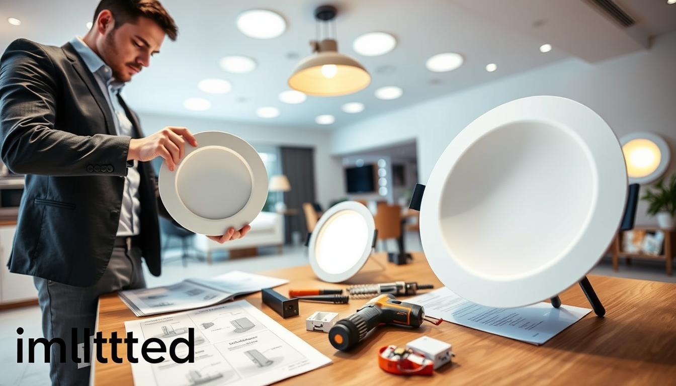 A detailed installation guide for downlights, featuring a spacious, well-lit room with modern decor. In the foreground, a professional individual in smart casual attire examines a sleek, round downlight fixture in hand, showcasing its design and features. In the middle, a work table is scattered with essential tools like a drill, wire strippers, and mounting brackets, alongside an open installation manual with illustrations of the setup process. The background features a ceiling with various downlight positions marked, and some installed downlights emitting a soft, warm glow, creating a cozy atmosphere. The lighting emphasizes clarity and focus on the installation process, with a clean, modern aesthetic. Brand name "imltlled" subtly integrated into the setting without any text overlay. A detailed installation guide for downlights, featuring a spacious, well-lit room with modern decor. In the foreground, a professional individual in smart casual attire examines a sleek, round downlight fixture in hand, showcasing its design and features. In the middle, a work table is scattered with essential tools like a drill, wire strippers, and mounting brackets, alongside an open installation manual with illustrations of the setup process. The background features a ceiling with various downlight positions marked, and some installed downlights emitting a soft, warm glow, creating a cozy atmosphere. The lighting emphasizes clarity and focus on the installation process, with a clean, modern aesthetic. Brand name "imltlled" subtly integrated into the setting without any text overlay.