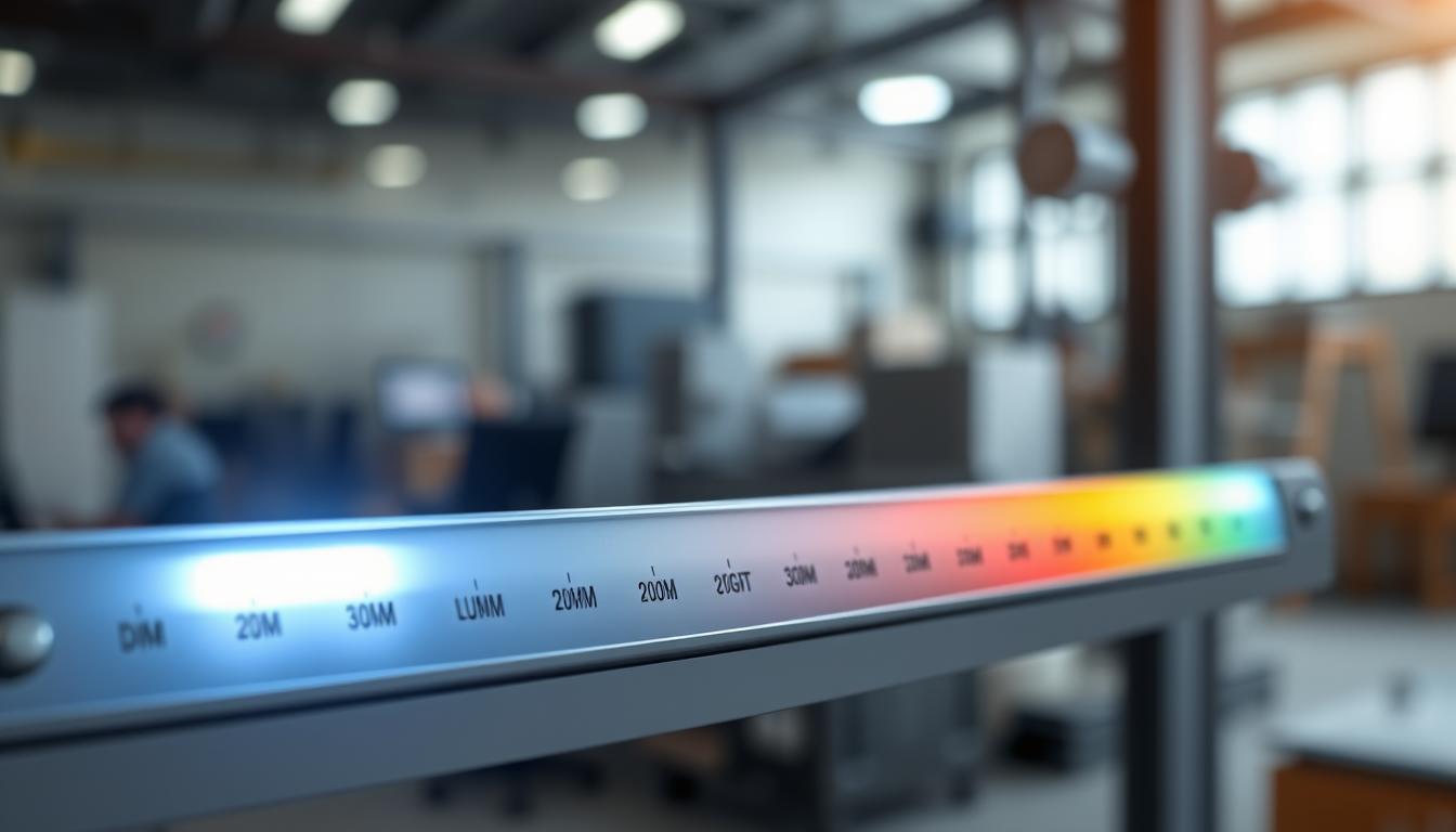 A detailed light intensity and brightness scale depicting varying levels of lumens relevant to LED applications. In the foreground, a sleek, modern scale with bright LED indicators showing lumens ranging from dim to bright. The middle ground features a smooth gradient transition of colors, highlighting cooler shades at lower lumens moving to warmer shades as brightness increases. The background is softly blurred with a subtle industrial setting that conveys a professional atmosphere, emphasizing the importance of brightness in LED technology. Soft lighting illuminates the scene, casting gentle shadows. The image should evoke clarity and professionalism, with no text or distractions. The brand "imltlled" should be subtly integrated within the design elements without any explicit display.