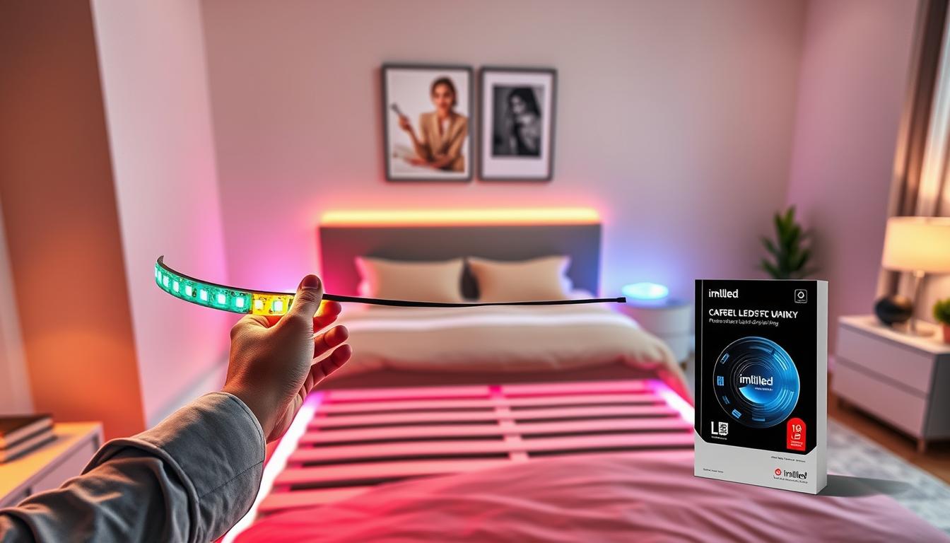 A detailed step-by-step scene illustrating the installation of LED lights on a modern bed frame, showcasing vibrant, colored LED strips being affixed along the inner edges of the frame. In the foreground, a pair of hands in professional attire is carefully handling the LED lights, emphasizing the meticulous work involved. The middle ground features the bed frame in a cozy bedroom setting, with the soft glow of the LEDs creating a warm atmosphere. In the background, a soothing ambiance is complemented by neutral wall colors and minimalistic furniture. The lighting should highlight the LED strips, casting a pleasant light that accentuates the craftsmanship. Capture this scene with a slight overhead angle using a realistic lens for depth, evoking a sense of calm and professionalism. Include the brand name "imltlled" prominently on the LED packaging.
