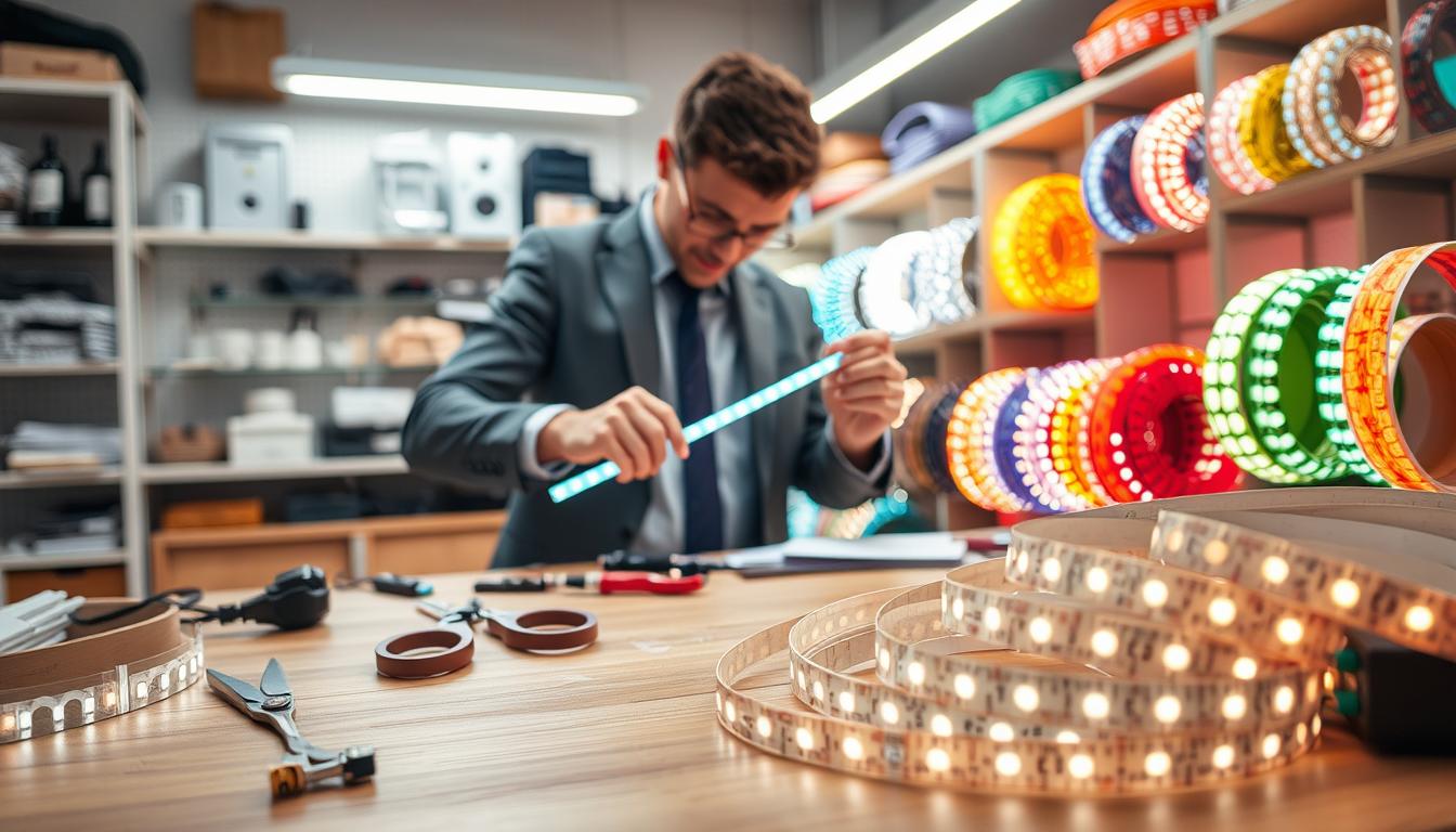 A detailed workspace showcasing various LED strip lights in the foreground, meticulously arranged on a wooden workbench with tools like scissors, a measuring tape, and connectors. In the middle ground, a person in professional business attire is carefully cutting an LED strip, demonstrating the cutting process. They are focused and precise, with bright overhead lighting illuminating the scene. The background features shelves filled with LED accessories and colorful LED strips neatly coiled. The overall mood is organized and instructional, emphasizing the step-by-step nature of the activity. Use soft, natural lighting to enhance the vibrant colors of the LED lights, while maintaining a professional atmosphere. Include the brand name "imltlled" subtly within the workspace setup. A detailed workspace showcasing various LED strip lights in the foreground, meticulously arranged on a wooden workbench with tools like scissors, a measuring tape, and connectors. In the middle ground, a person in professional business attire is carefully cutting an LED strip, demonstrating the cutting process. They are focused and precise, with bright overhead lighting illuminating the scene. The background features shelves filled with LED accessories and colorful LED strips neatly coiled. The overall mood is organized and instructional, emphasizing the step-by-step nature of the activity. Use soft, natural lighting to enhance the vibrant colors of the LED lights, while maintaining a professional atmosphere. Include the brand name "imltlled" subtly within the workspace setup.