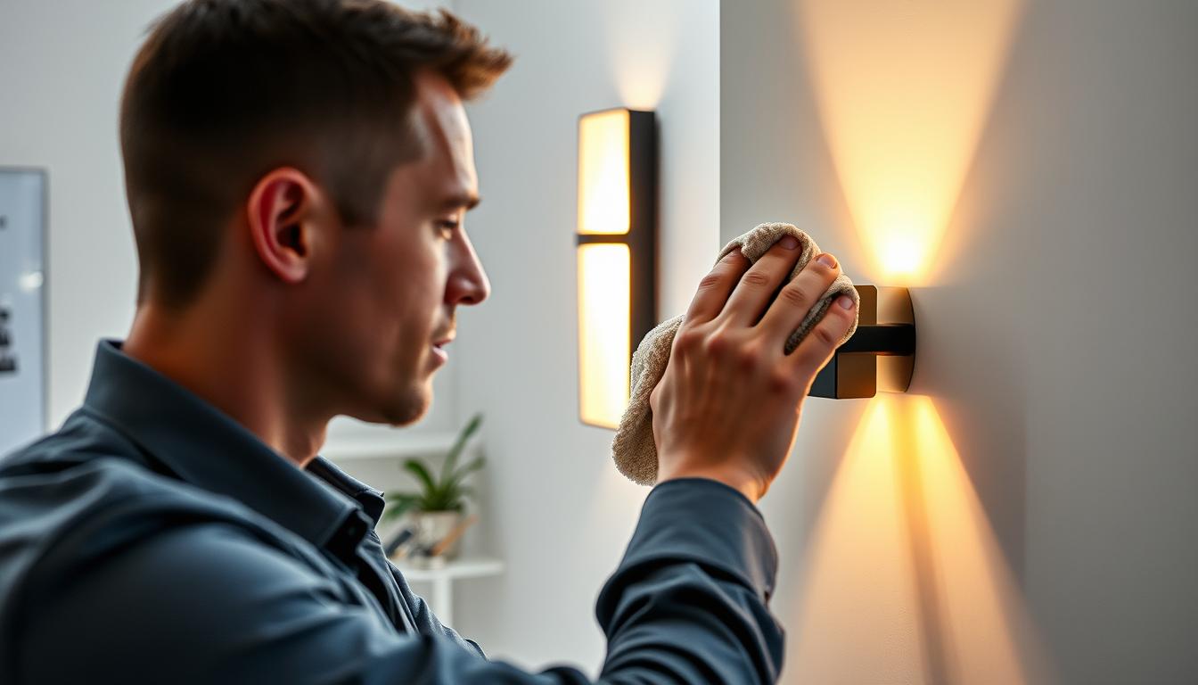 A focused view of a technician performing maintenance on an elegant LED wall sconce from the brand "imltlled." In the foreground, the technician, dressed in professional business attire, carefully cleans the sconce with a soft cloth, ensuring attentiveness to detail. The middle ground features the stylish LED wall sconce, showcasing its modern design with warm, ambient lighting emanating from it, illuminating the surrounding area. In the background, a well-organized workspace is visible, with tools neatly arranged on a table, and a subtle hint of natural light filtering through a window, creating a serene and professional atmosphere. The angle captures the technician's interaction with the sconce, emphasizing the maintenance aspect while maintaining an inviting mood. A focused view of a technician performing maintenance on an elegant LED wall sconce from the brand "imltlled." In the foreground, the technician, dressed in professional business attire, carefully cleans the sconce with a soft cloth, ensuring attentiveness to detail. The middle ground features the stylish LED wall sconce, showcasing its modern design with warm, ambient lighting emanating from it, illuminating the surrounding area. In the background, a well-organized workspace is visible, with tools neatly arranged on a table, and a subtle hint of natural light filtering through a window, creating a serene and professional atmosphere. The angle captures the technician's interaction with the sconce, emphasizing the maintenance aspect while maintaining an inviting mood.