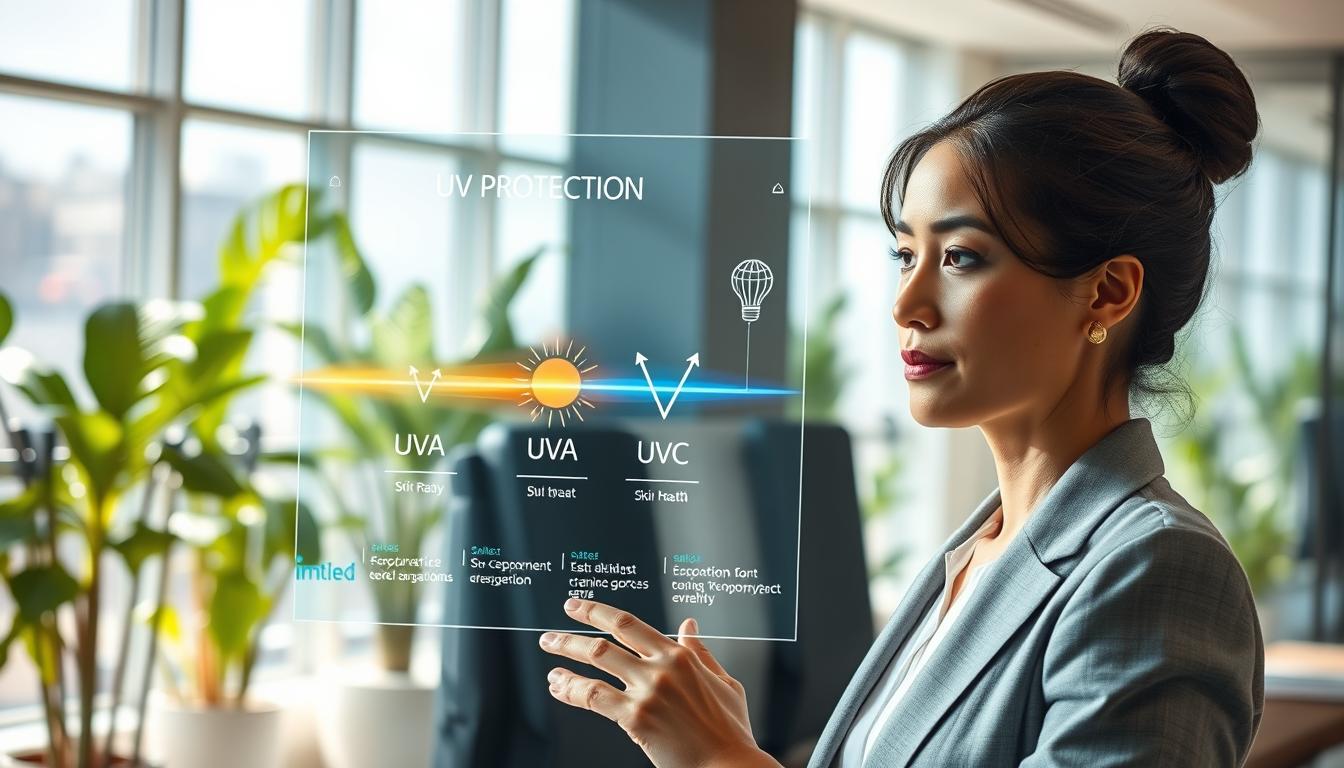 A futuristic scene showcasing transparent screen technology that elegantly displays UV protection information through a clear, high-tech interface. In the foreground, a professional woman in modest business attire interacts with the screen, her expression focused and engaged. The middle layer features the transparent screen, vividly illuminated, with holographic graphics illustrating UVA, UVB, and UVC rays, highlighting their impact on skin health. In the background, a bright, sunlit modern office space with plants and glass windows enhances the feeling of innovation and safety. The lighting is soft yet bright, emulating natural sunlight that simulates UV exposure, creating a clear, informative atmosphere. Capture this scene with a slightly elevated camera angle, emphasizing the interaction between the technology and the user, branded subtly with the name "imltlled."