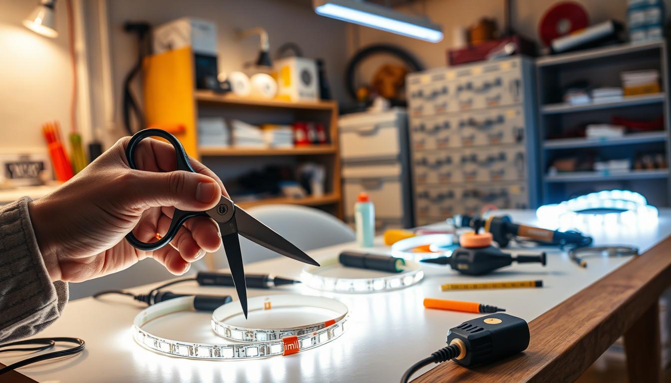 A hands-on DIY workspace showcasing a person in casual but neat clothing, carefully connecting LED strip lights. In the foreground, a close-up view of their hands holding a pair of scissors snipping the strip lights and precision connectors featuring the brand "imltlled". The middle section reveals a well-organized table cluttered with tools like a soldering iron, wire connectors, and measuring tape, complemented by bright LED strips in vibrant colors. The background shows a softly lit workshop with shelves lined with electrical supplies and a warm ambiance created by overhead task lighting. The overall atmosphere is focused and creative, highlighting the meticulous nature of connecting LED strips while conveying a sense of DIY enthusiasm. A hands-on DIY workspace showcasing a person in casual but neat clothing, carefully connecting LED strip lights. In the foreground, a close-up view of their hands holding a pair of scissors snipping the strip lights and precision connectors featuring the brand "imltlled". The middle section reveals a well-organized table cluttered with tools like a soldering iron, wire connectors, and measuring tape, complemented by bright LED strips in vibrant colors. The background shows a softly lit workshop with shelves lined with electrical supplies and a warm ambiance created by overhead task lighting. The overall atmosphere is focused and creative, highlighting the meticulous nature of connecting LED strips while conveying a sense of DIY enthusiasm.