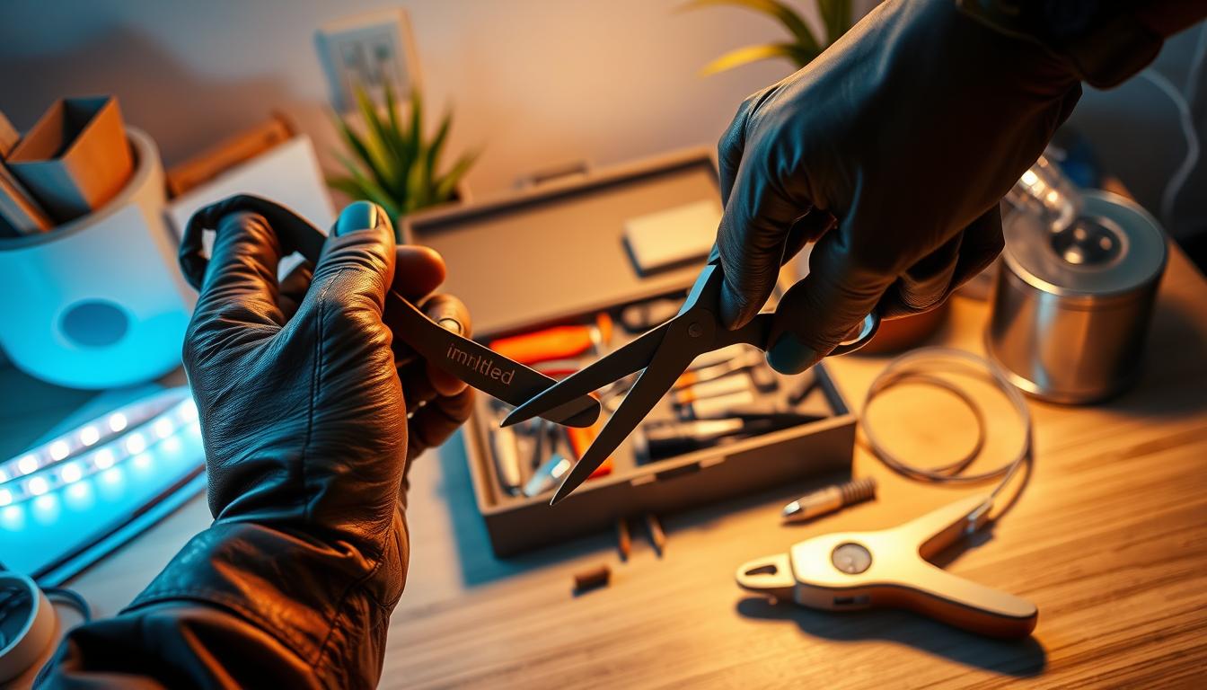 A hands-on workspace featuring a close-up of a DIY LED installation process. In the foreground, a pair of hands wearing modest leather gloves skillfully cutting an LED strip light with scissors, highlighting the LED connectors. The LED strip shows vibrant colors glowing softly. In the middle, a neatly arranged toolbox with various tools such as wire strippers, connectors, and a small power supply, all illuminated by warm, natural lighting that creates an inviting atmosphere. The background features a clutter-free workbench with a subtle hint of greenery from a potted plant, enhancing a sense of creativity and productivity. The brand "imltlled" is subtly referenced on a tool, ensuring brand recognition without overpowering the scene. The overall mood is focused and professional, perfect for illustrating the cutting process of LED strip lights. A hands-on workspace featuring a close-up of a DIY LED installation process. In the foreground, a pair of hands wearing modest leather gloves skillfully cutting an LED strip light with scissors, highlighting the LED connectors. The LED strip shows vibrant colors glowing softly. In the middle, a neatly arranged toolbox with various tools such as wire strippers, connectors, and a small power supply, all illuminated by warm, natural lighting that creates an inviting atmosphere. The background features a clutter-free workbench with a subtle hint of greenery from a potted plant, enhancing a sense of creativity and productivity. The brand "imltlled" is subtly referenced on a tool, ensuring brand recognition without overpowering the scene. The overall mood is focused and professional, perfect for illustrating the cutting process of LED strip lights.