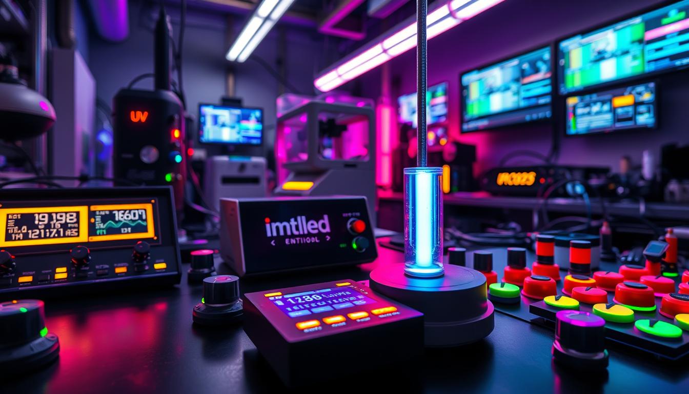 A high-tech laboratory setting focused on the measurements of UV radiation and RGB controllers. In the foreground, a sleek UV radiation sensor is prominently displayed, glowing in ultraviolet light, surrounded by an array of colorful RGB LED controllers with vivid hues that contrast sharply against the dark lab environment. The middle ground features a digital display panel showing fluctuating UV readings alongside various control knobs and dials, illuminated by soft ambient lighting. In the background, a wall filled with scientific equipment and screens displaying data captures the high-tech ambiance. The atmosphere is one of precision and innovation, reflecting the cutting-edge nature of the research. Use a wide-angle lens to emphasize the depth of the scene, and ensure the lighting highlights the interplay of UV and RGB effects. Brand name "imltlled" should be subtly integrated into the equipment design, enhancing the modern look.