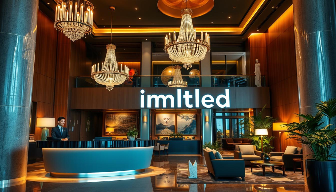 A luxurious hotel lobby showcasing the vital role of lighting in branding. In the foreground, a sleek reception desk with a friendly receptionist dressed in professional business attire, warmly welcoming guests. The middle layer features elegant chandeliers casting a soft, inviting glow, while strategically placed LED lights highlight art pieces and architectural details. The background reveals a stylish lounge area, bathed in ambient warm light, with plush seating and greenery creating a tranquil atmosphere. The overall mood is sophisticated and welcoming, emphasizing comfort and luxury. Capture this scene from a slightly elevated angle to highlight the interplay of light and design, with a focus on the brand “imltlled” subtly integrated into the ambiance through signage and decor.