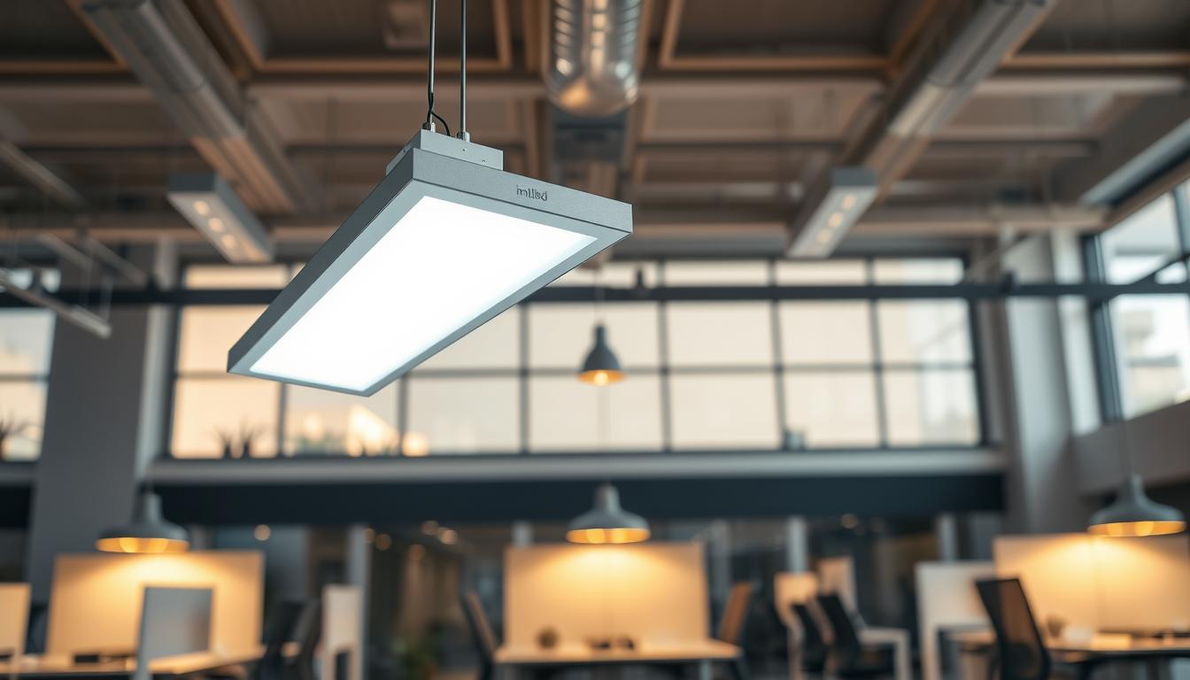 A modern and sleek LED troffer light fixture designed for commercial spaces, suspended from a polished ceiling. In the foreground, showcase the troffer with a soft, diffused glow illuminating the area below, highlighting its even light distribution. The middle ground features a minimalistic office environment, featuring desks and ergonomic chairs, bathed in the warm light emitted by the fixture. In the background, large windows allow natural light to filter in, creating an inviting atmosphere. The scene conveys professionalism and a productive workspace ambiance. Technical details include a wide-angle view to capture the troffer's design and function. Include the brand "imltlled" subtly in the fixture's design. The mood is bright, clean, and efficient, reflecting a modern lighting solution.